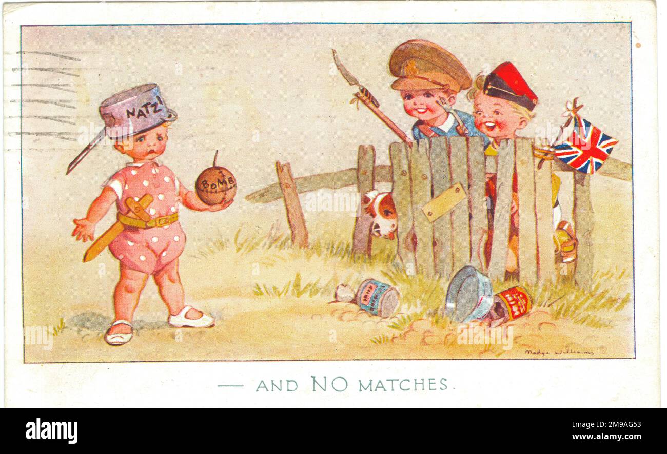 The Caption is '-- and NO matches'. The 'Natzi' wearing a saucepan on his head is confronted across a broken wooden fence by two boys, one with a make-shift bayonet and the other with a Union flag. During the war matches were very hard to get. On the back is a message from the Prime Minister 'We shall continue steadfast  in faith and duty until our task is done'. Cute Kids WW2 Wartime humour Stock Photo
