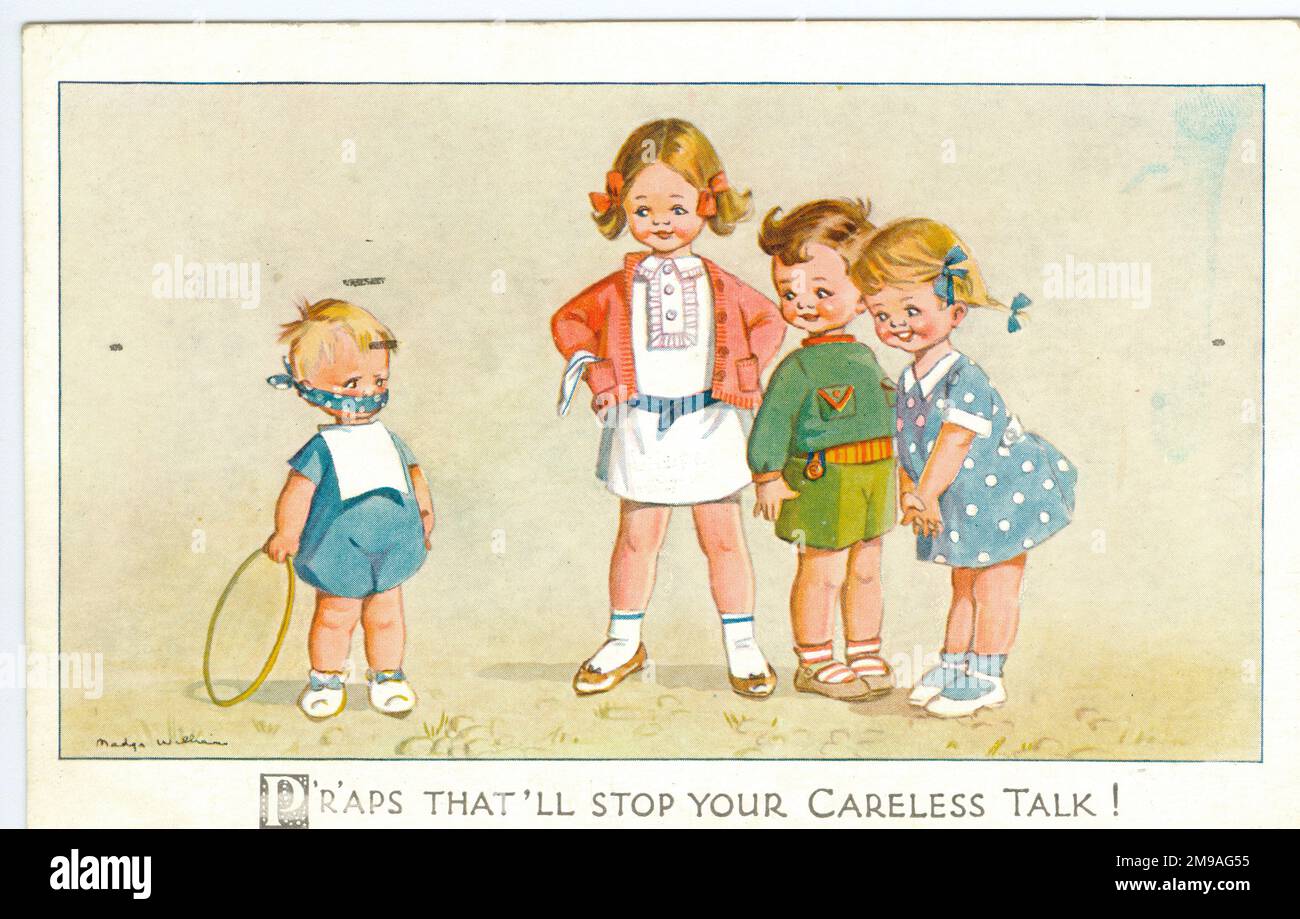 The Caption is 'P'raps that'll stop your careless talk!'. Three little kids cover-up a younger toddler's mouth with a spotty hankerchief. In reference to the Government campaign to prevent wartime secrets being surreptitiously  passed to the enemy through 'loose lips'. Cute Kids WW2 Wartime humour Stock Photo
