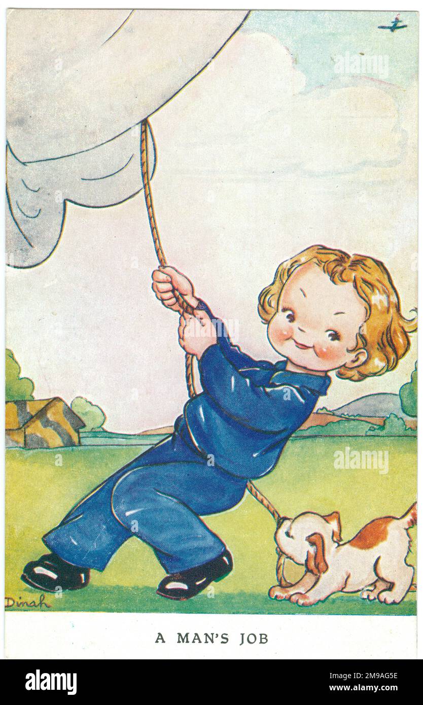 The Caption is 'A Man's job'. Women filled so many jobs while the men were away. There is a series of photos showing King George VI  and Queen Elizabeth at a balloon site. The Prime Minister's Message on the back is 'We shall never stop, never weary, and never give in'. Cute Kids WW2 Wartime humour Stock Photo