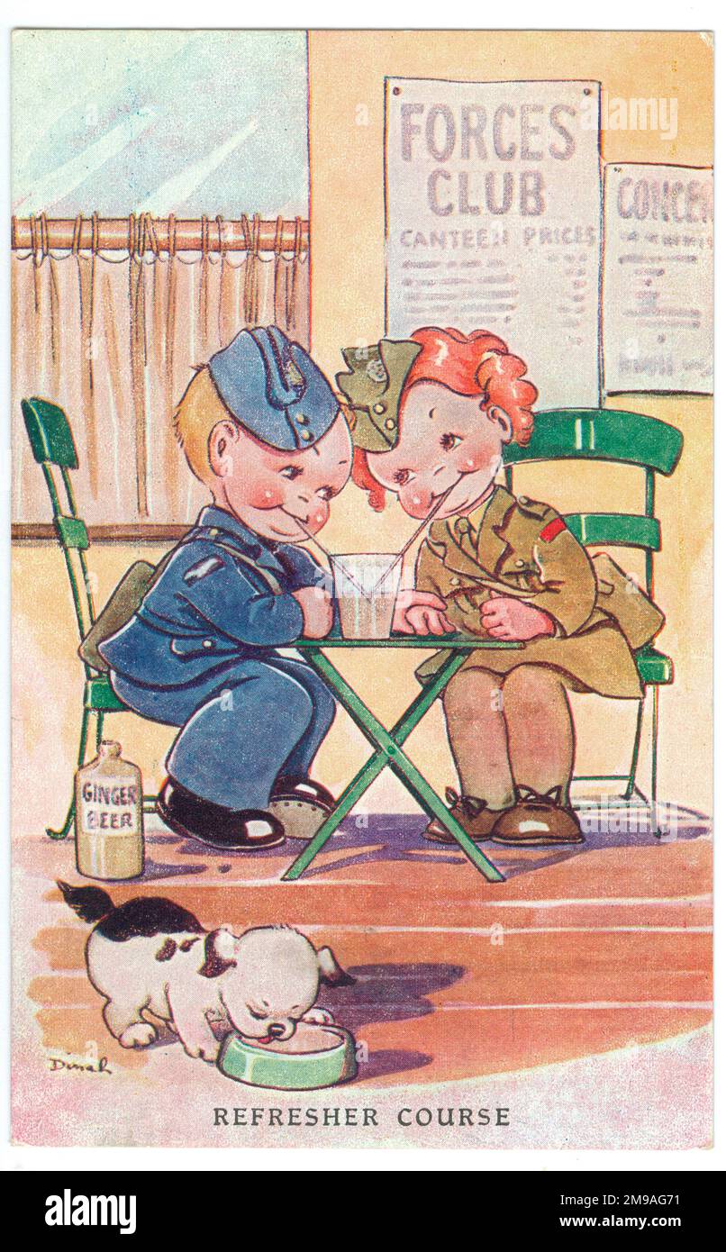 The Caption is 'Refresher Course' They are sitting in a Forces Club. These were run by the NAAFI and the WVS among others. Maybe the girl works there. A little dog is feeding at a bowl. The Prime Minister's message is  'This is a time for every one to stand together and hold firm'. Cute Kids WW2 Wartime humour Stock Photo