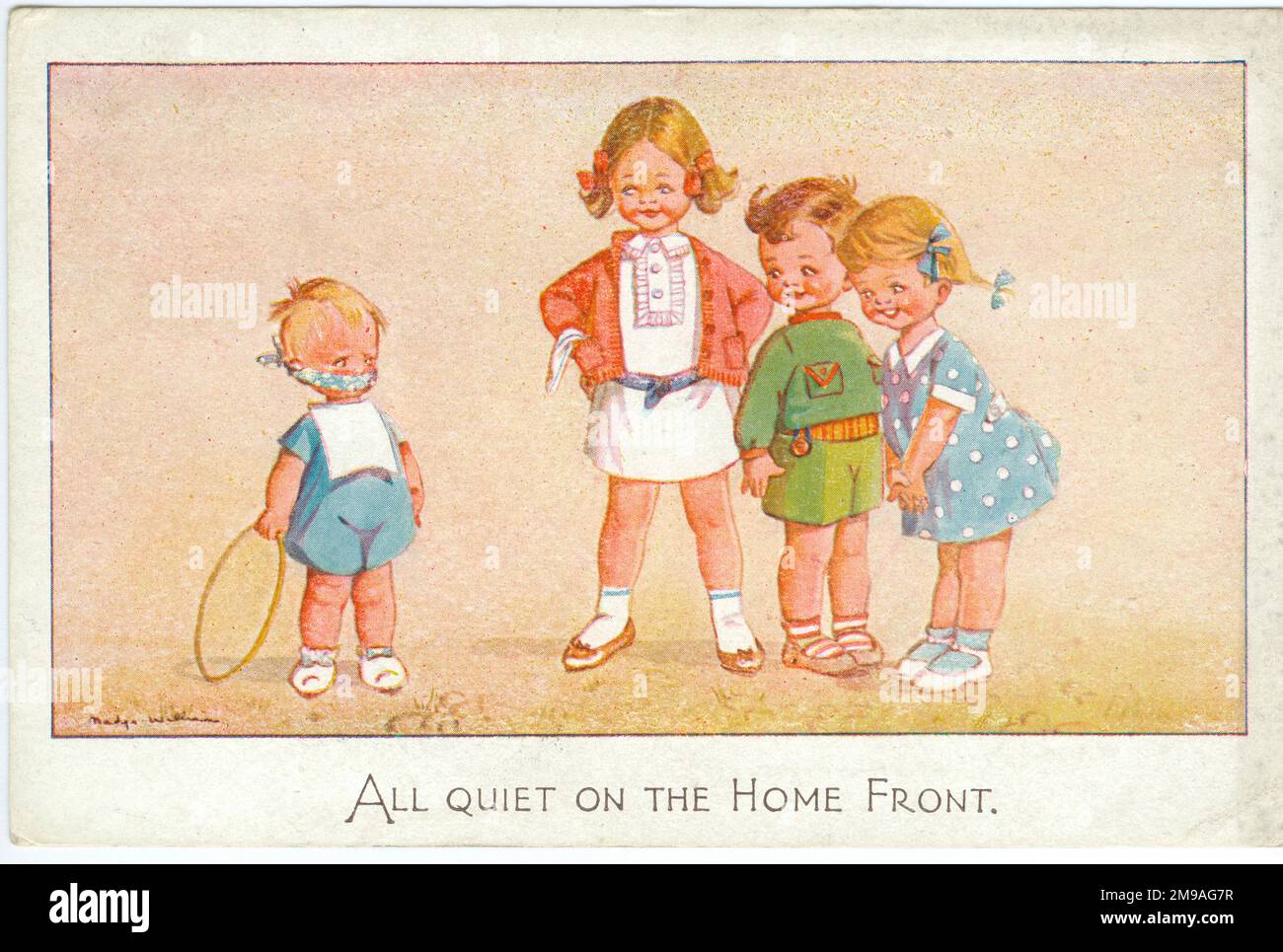 The Caption is ' All quiet on the Home Front'. This derives from 'All Quiet along the Potomac tonight', a song written during the American Civil War, and repeated in WW1 with Eric Maria Remorque's book, 'All Quiet on the Western Front'. On the back is a message from the Prime Minister 'We shall continue steadfast  in faith and duty until our task is done'.Cute Kids WW2 Wartime humour Stock Photo