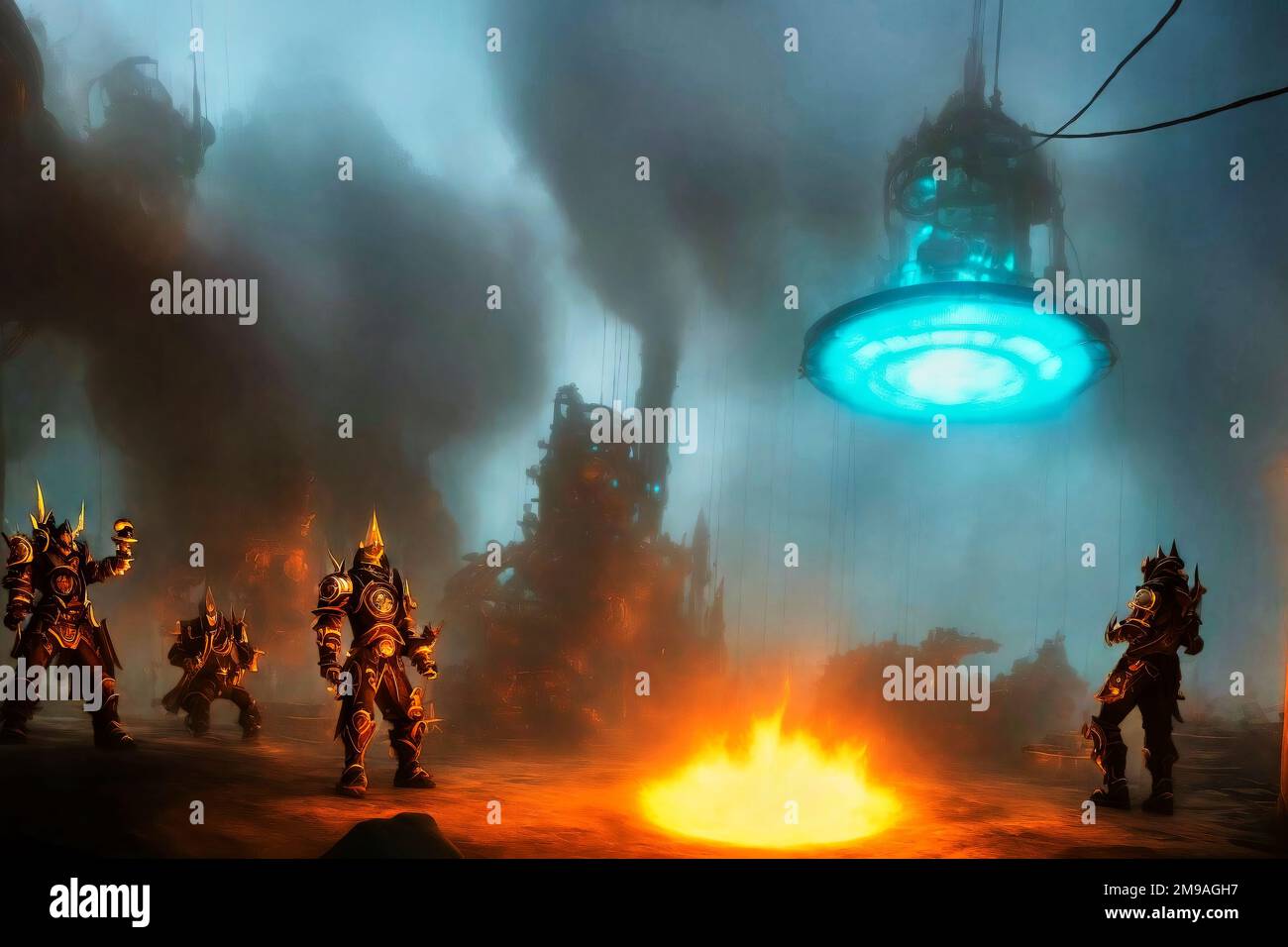 A group of aliens in massive armor around a fire lit beneath a glowing blue disc, made with generative AI Stock Photo