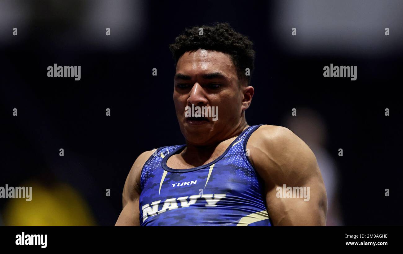 Navy's Sabastian Gordon competes during an NCAA gymnastics meet on Friday, Jan. 13, 2023, in