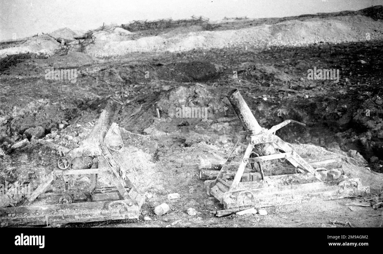 A pair of captured German 9.15 cm leichtes Minenwerfer System Lanz ...