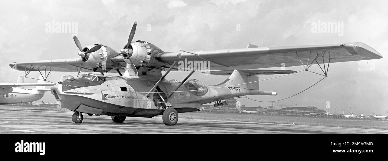 Canadian Vickers PBV-1A Canso (PBY-5A) N610FF (msn CV-399) of Barringer Research Limited, based in Toronto, Canada. The aircraft is seen at London Heathrow Airport for the 60 Years of Heathrow celebration. N610FF continued low-level geophysical surveys until 15 October 1970 when it crashed after take-off at Rhinelander-Oneida County Airport in Wisconsin, due to taking-off with severe airframe icing. Stock Photo
