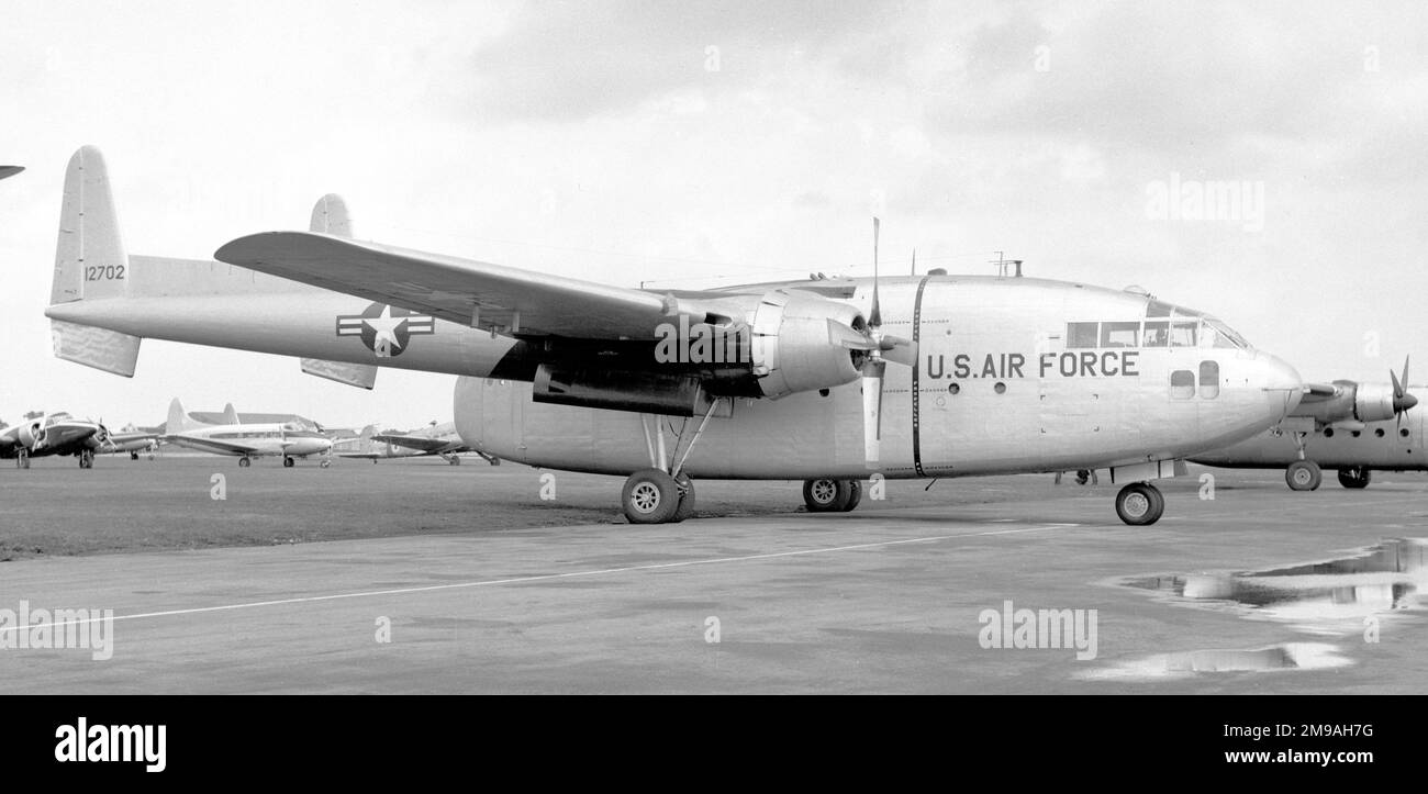 United States Air Force - Fairchild C-119F-FA Flying Boxcar 51-2702 (msn 10691), seen at an air display in the UK, prior to, or during, delivery to the Belgian AF as CP-11, radio call sign OT-CAK. Returned to USAF on 12 September 1955. Converted to C-119G by SABENA. To Royal Royal Norwegian Air Force as 12702/BW-H 'Hiawatha'. Returned to USAF in 1969. Stock Photo