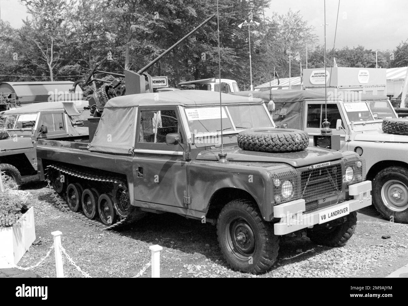 A Land Rover Centaur, half-track conversion of the Land Rover V-8 Defender at the British Army Equipment Exhibition, held at Aldershot from 23-27 June 1980. Stock Photo