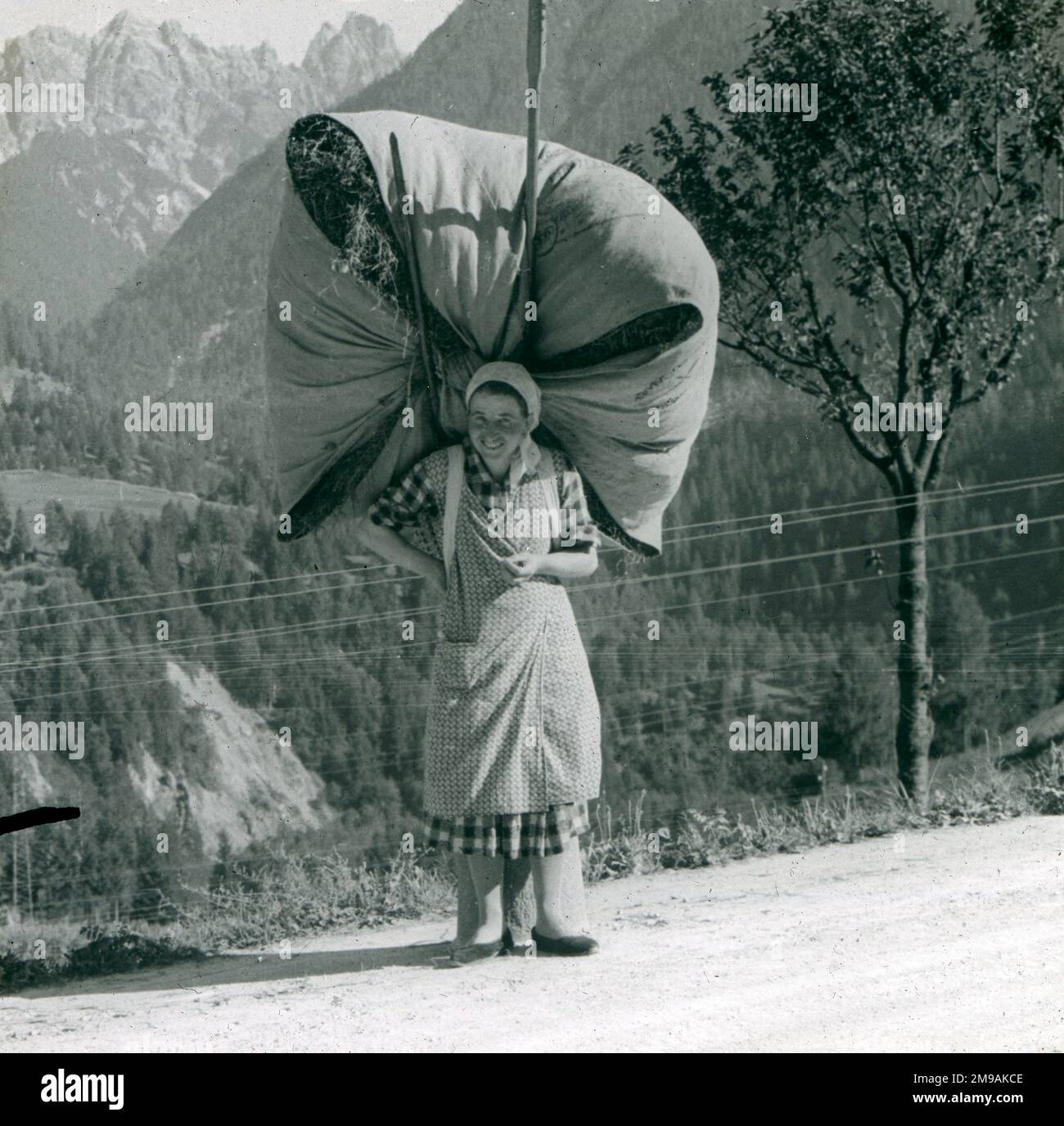 Spanish woman at the roadside carrying a massive bundle of Hay, Spain. Stock Photo