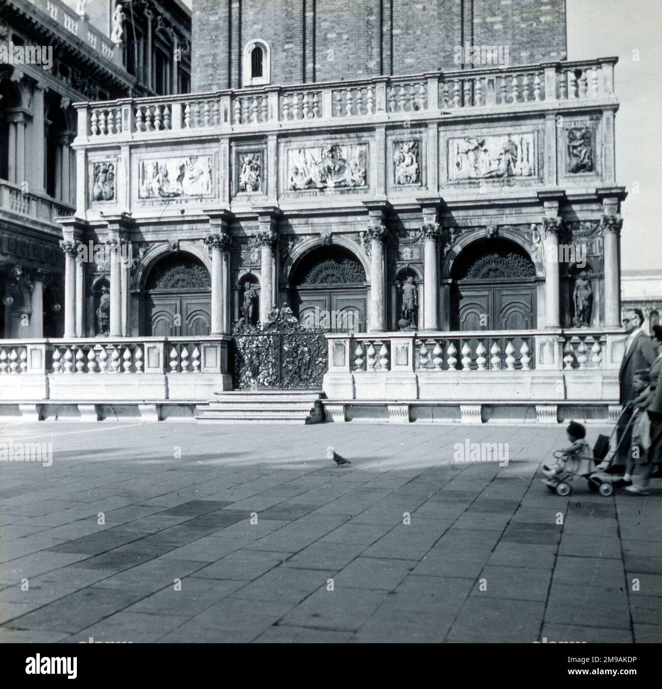 The base of the San Marco Campanile, St Mark's Square, Venice, Italy. Stock Photo