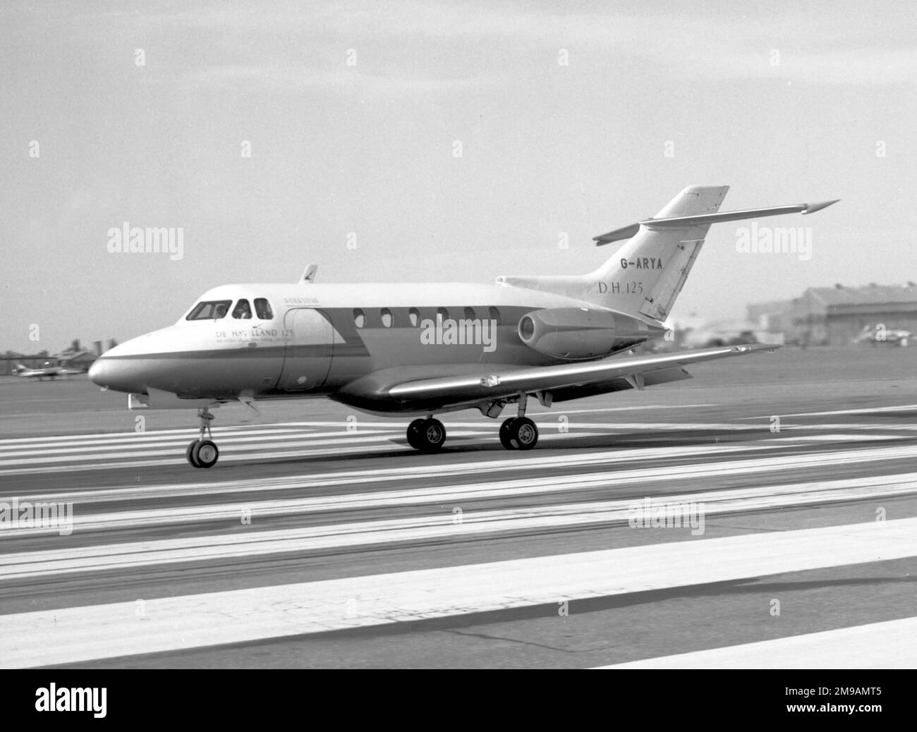 de Havilland DH.125 G-ARYA (msn 25001), prototype of the DH.125 - HS-125 - BAe 125 line, on the piano keys, ready for take-off, at the SBAC Farhborough Air Show, held from 3-9 September 1962. This aircraft is now preserved at the Mosquito Museum. Stock Photo