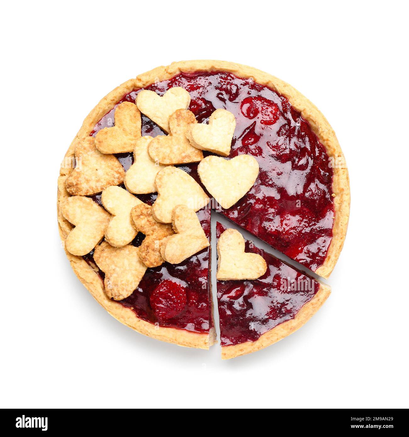 Sweet strawberry pie with cookie hearts for Valentine's day isolated on