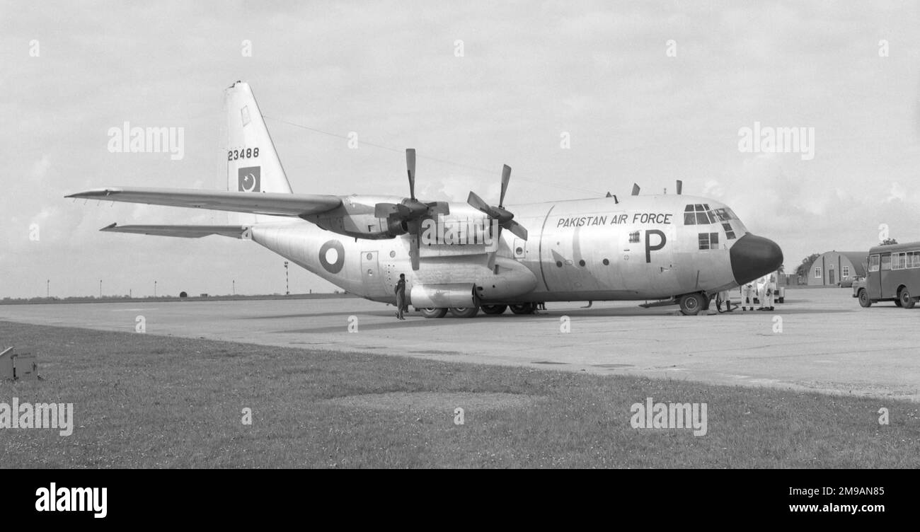 Pakistan Air Force - Lockheed C-130B-LM Hercules 23488 (MSN 282-3698, 62-3488), at RAF Marham on 7 May 1974. Built for the Imperial Iranian Air Force under MAP as '5-101' and later issued to Pakistan as 23488. Registered as AQ-ACP, then AS-HFP, for international airways flying. This aircraft jumped chocks during a night engine run, colliding with C-130E 10687, at Lahore on 1 February 1979. Stock Photo