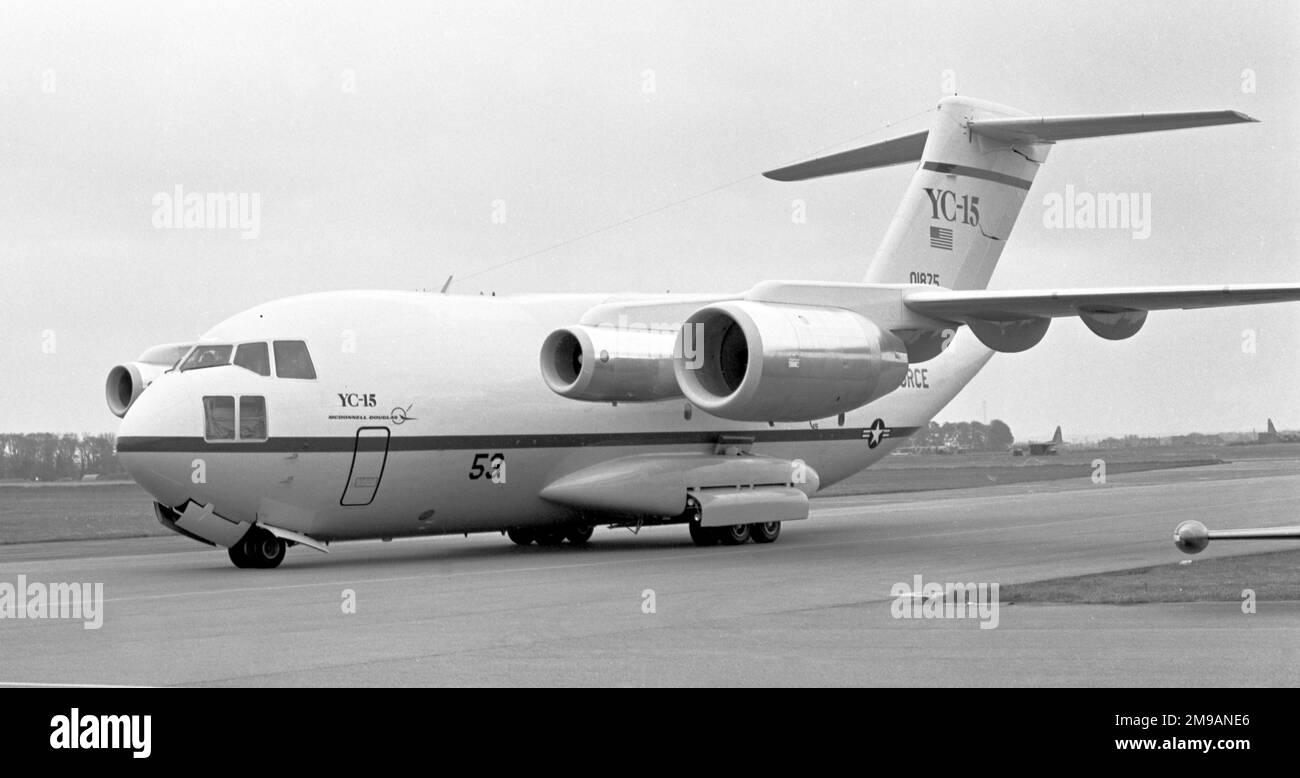 McDonnell Douglas YC-15 72-1875 '53', seen at RAF Mildenhall, with a CFM International CFM56 in the No.1 engine nacelle, whilst en-route from the 1977 Paris Air Show, where it had been given the show serial '53'. Stock Photo