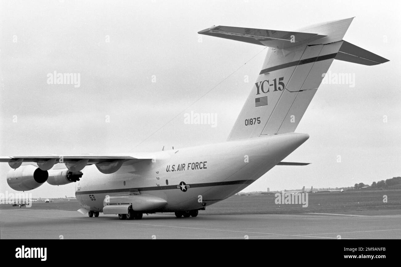 McDonnell Douglas YC-15 72-1875 '53', seen at RAF Mildenhall, with a CFM International CFM56 in the No.1 engine nacelle, whilst en-route from the 1977 Paris Air Show, where it had been given the show serial '53'. Stock Photo