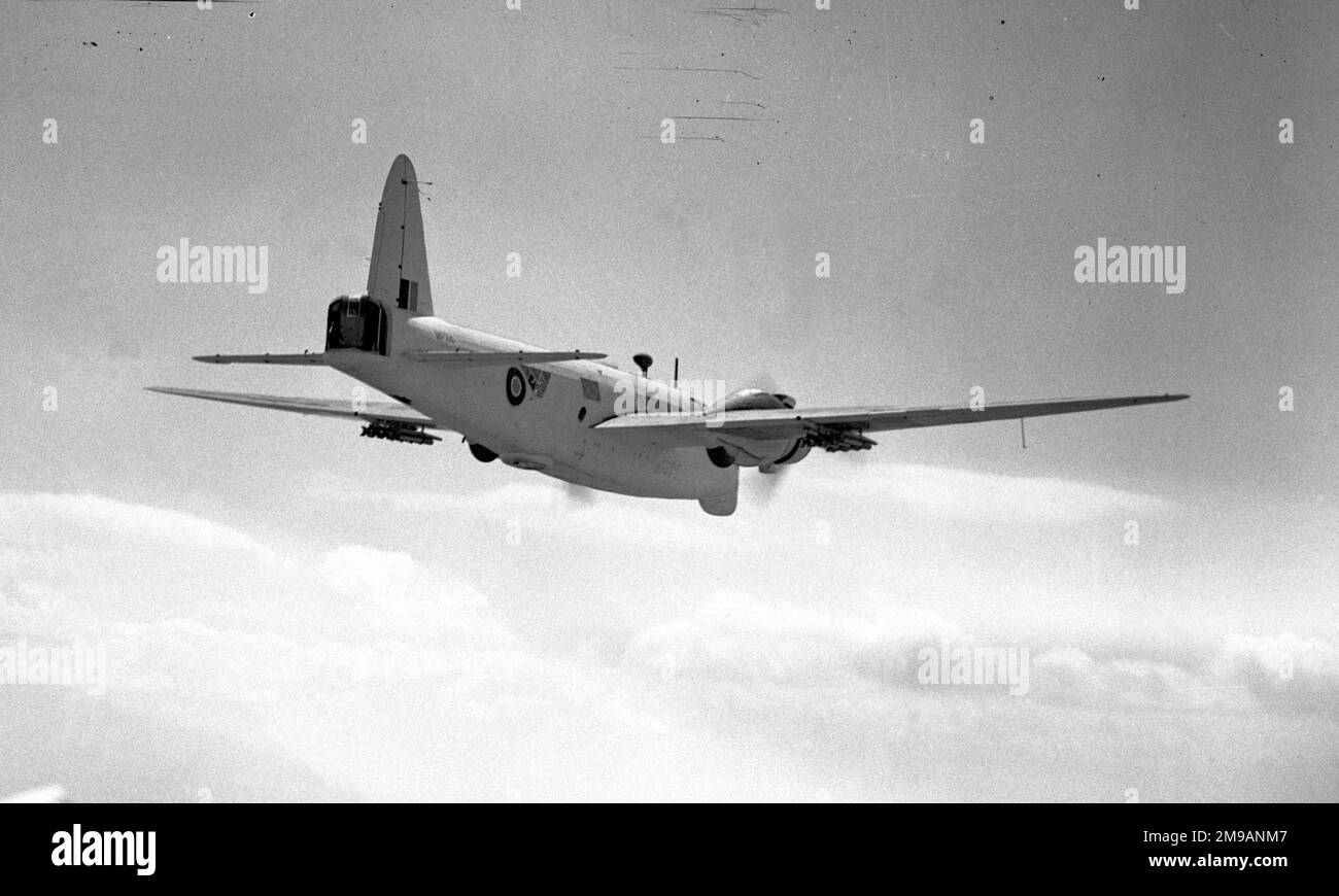 Royal Air Force - Vickers Wellington GR Mk. XIV MP714. Seen fitted with chin-mounted ASV Mk. III radar, retractable Leigh Light in the Ventral turret position and RP-3 (from Rocket Projectile 3 inch) rocket launching rails under the wings. The advent of more capable ASV Mk. III radar and the Leigh Light, placed U-Boats in a very vulnerable position, 24 hours a day. Stock Photo