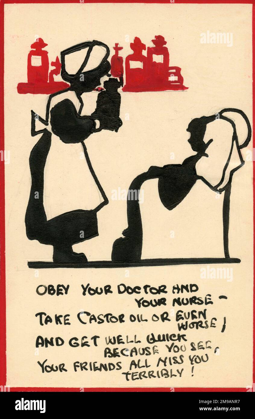 Postcard design artwork - Obey your Doctor and your Nurse. A nurse approaches a sickly child bearing a LARGE bottle of medicine. Stock Photo