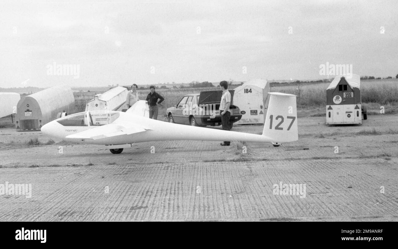 Glasflugel 206 Hornet '127', at a regional gliding competition in the 1980s.. The Standard-Class Hornet was a development of the Club Libelle, introducing trailing edge airbrakes. Stock Photo