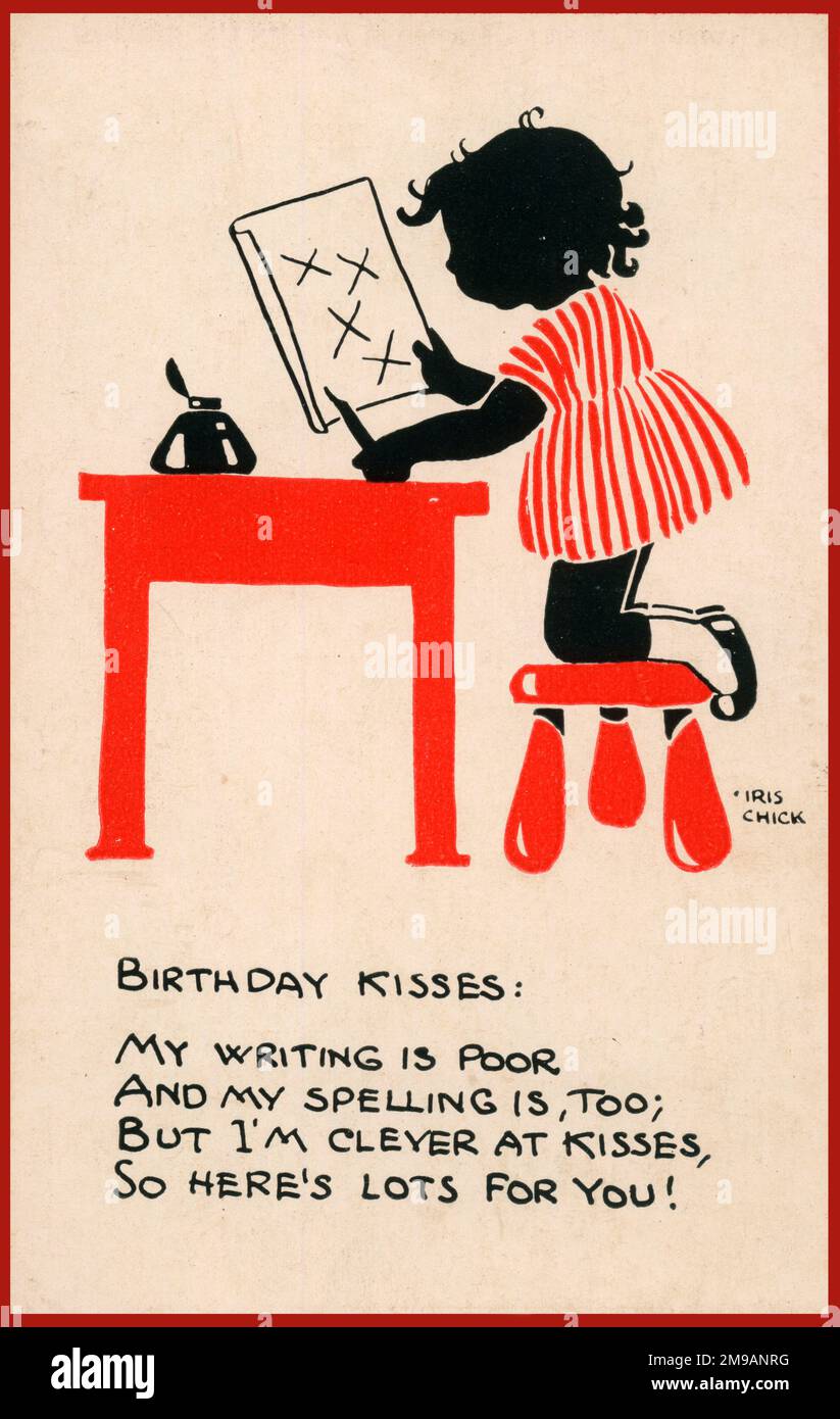 Postcard design - Birthday Kisses! - a little girl kneeling on a stool writing a letter with four big kisses. Stock Photo