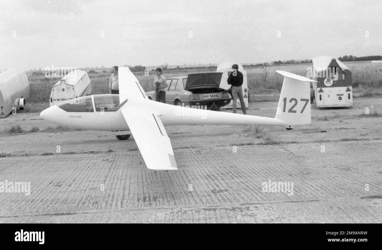 Glasflugel 206 Hornet '127', at a regional gliding competition in the 1980s.. The Standard-Class Hornet was a development of the Club Libelle, introducing trailing edge airbrakes. Stock Photo