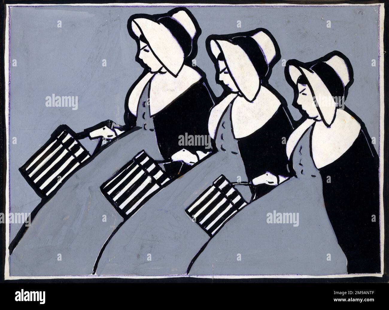 Original Artwork - Three identically-dressed maids, with matching capes and bonnets carrying their striped hat boxes. Stock Photo