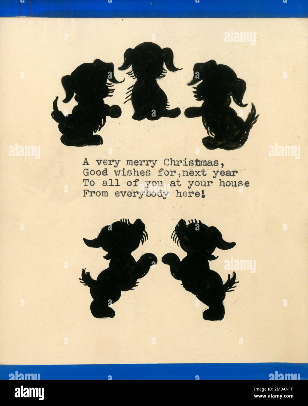 Original Artwork - Design for a Christmas Greetings card - silhouette of five little puppies. Stock Photo
