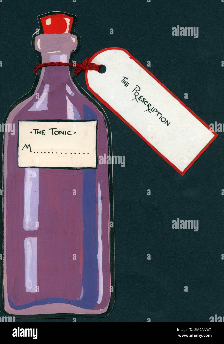 Original Artwork - Novelty Greetings card design with bottle of Tonic and Prescription tag. Stock Photo