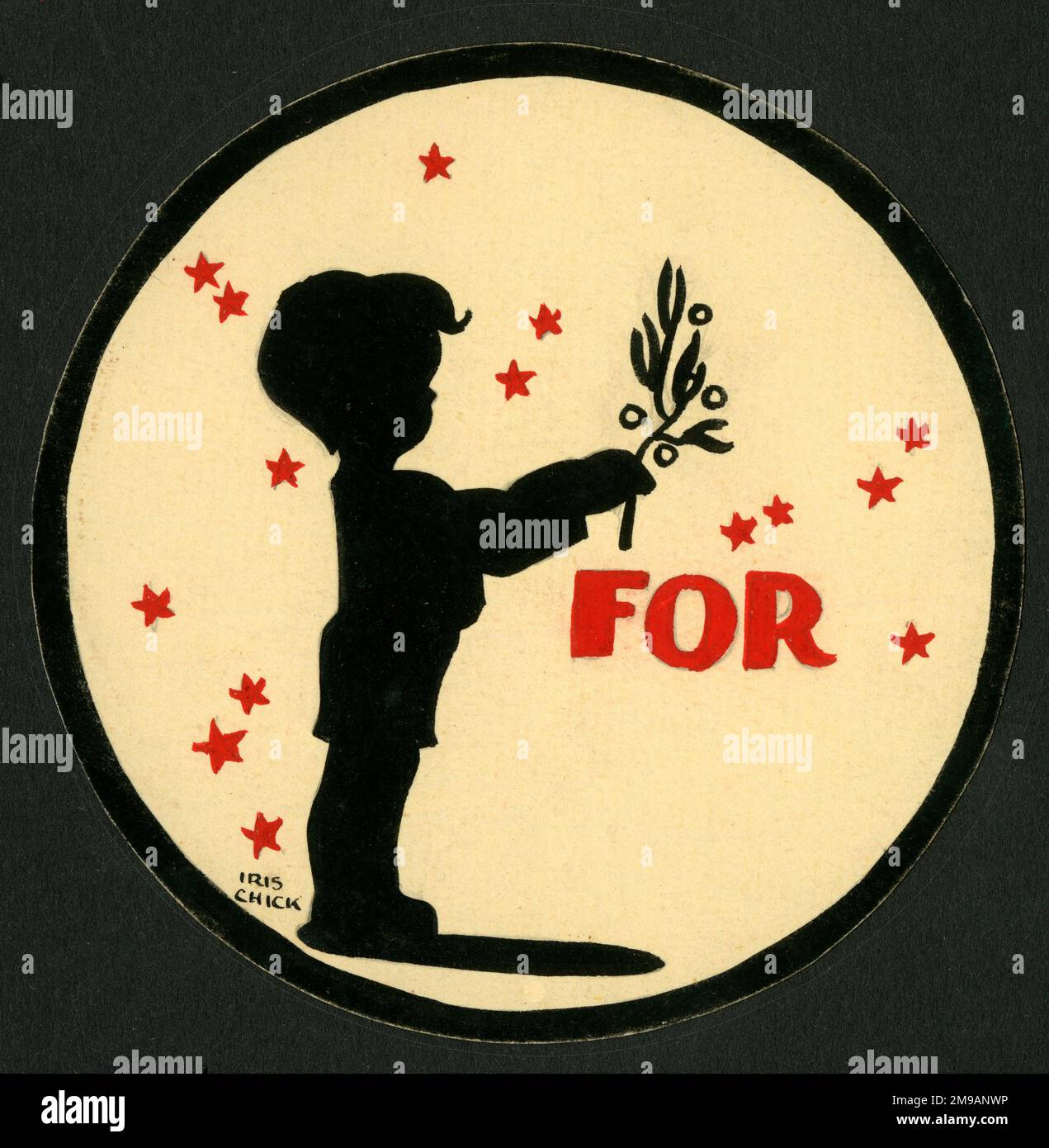 Original Artwork - Design for a circular place marker, showing a young boy holding up a sprig of Christmas mistletoe against a star-filled background. Stock Photo