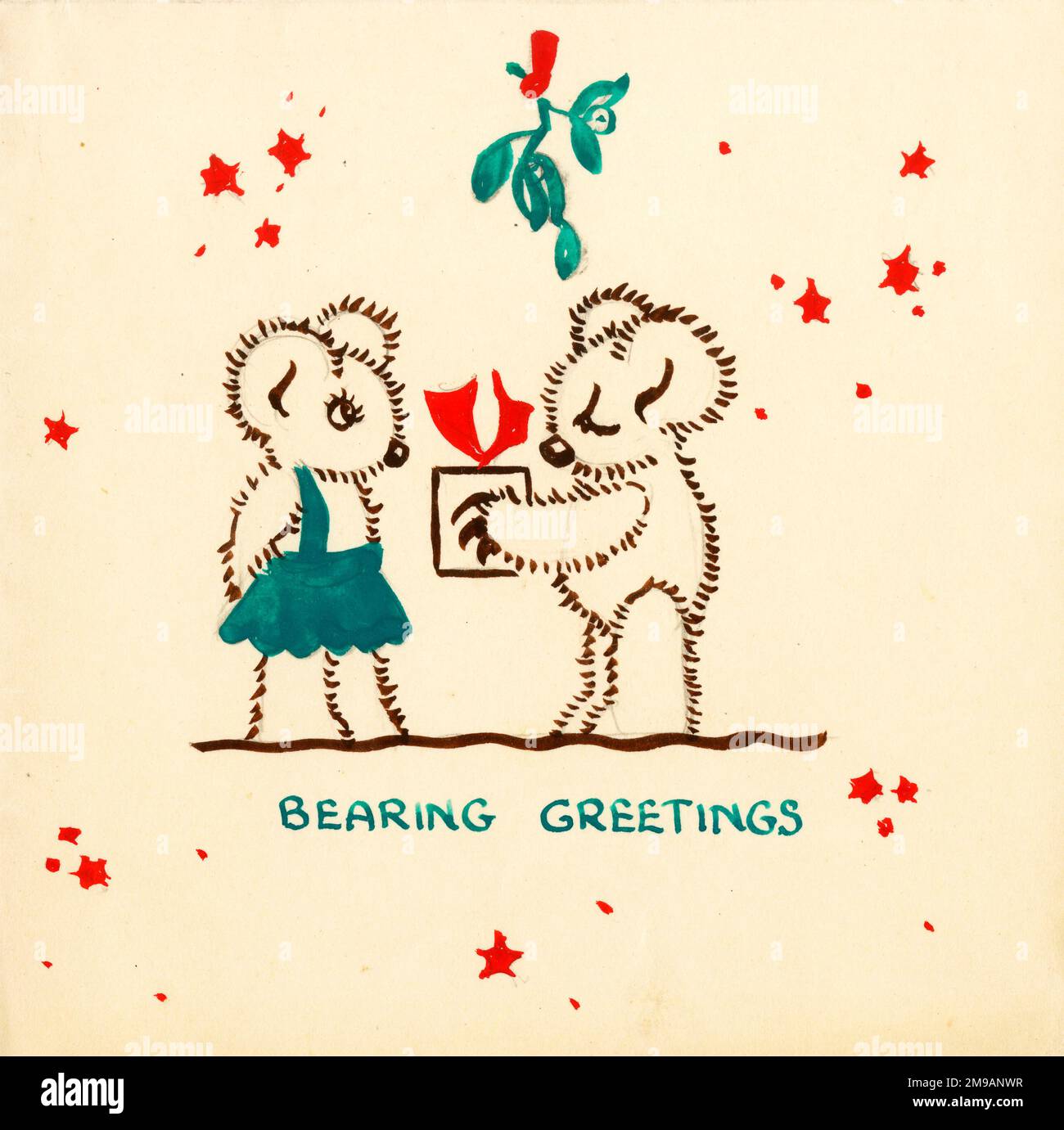 Original Artwork - Design for a Christmas card - Bearing Greetings.  (1 of 2) Stock Photo