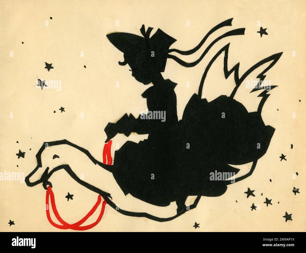 Original Artwork - Design for a silhouette Christmas card - Greetings from the Nursery Folk - Mother Goose.  (1 of 2) Stock Photo