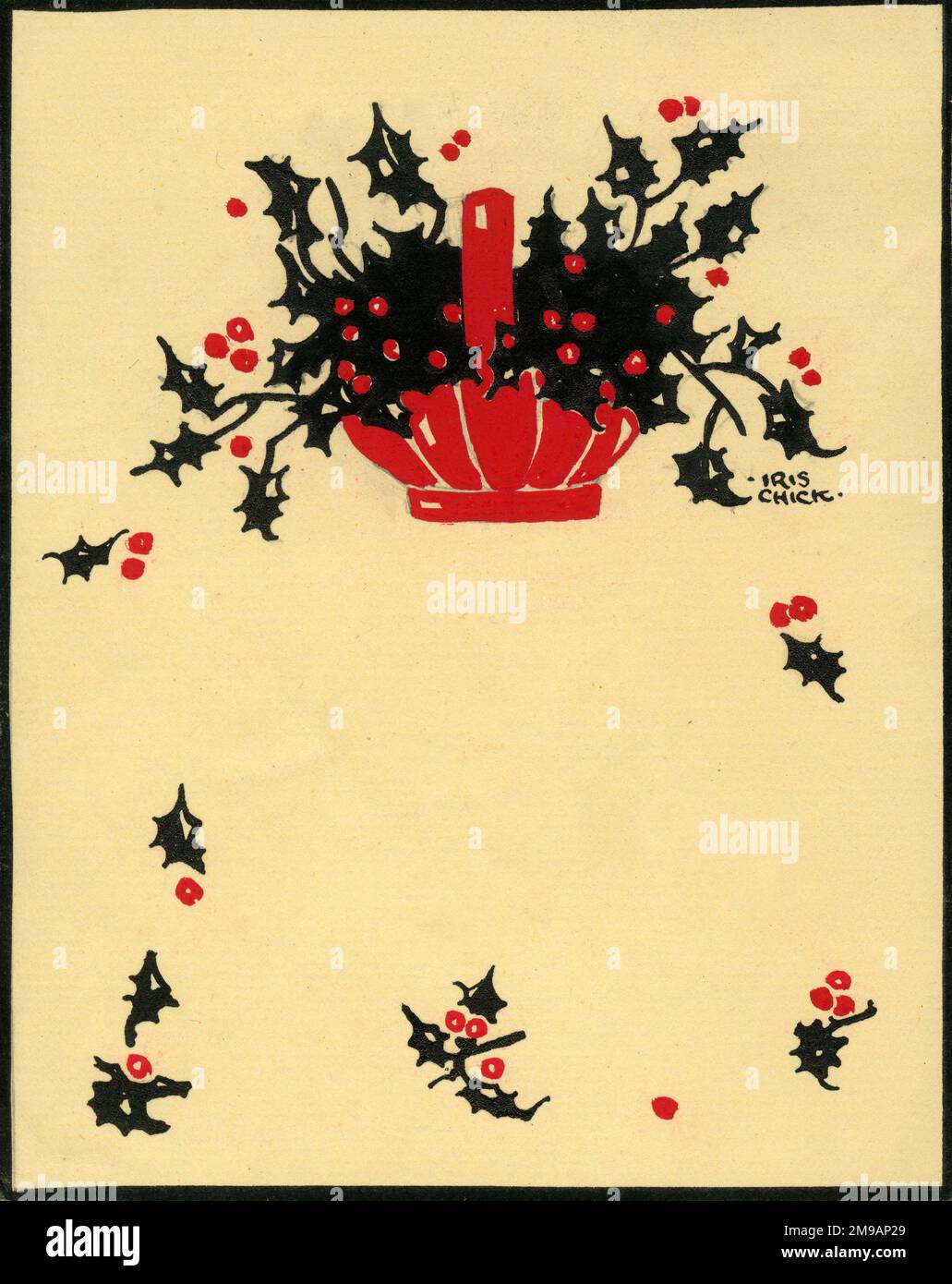 Original Artwork - Design for a Christmas card - overflowing basket of holly. Stock Photo