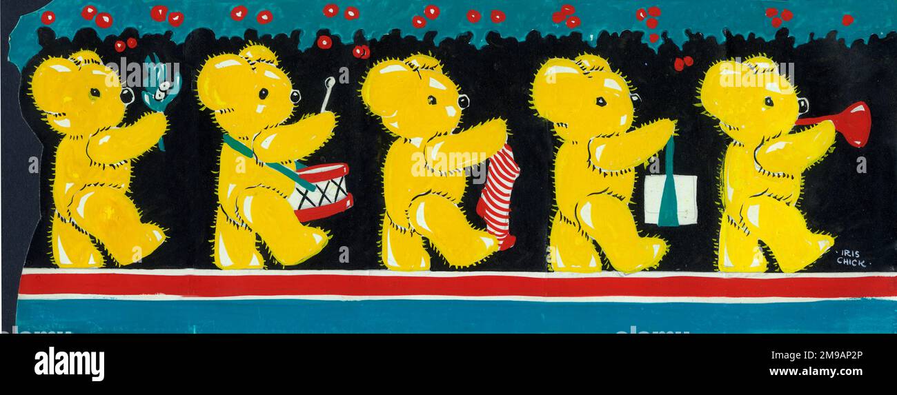 Original Artwork - Painted design for a folding children's Christmas card featuring five teddy bears. Stock Photo