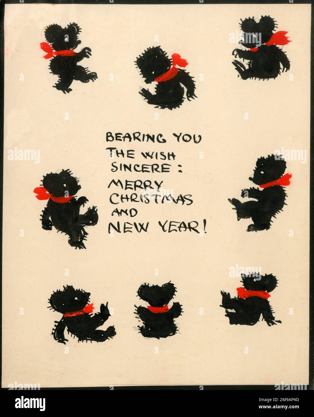 Original Artwork - Christmas greetings from eight teddy bears. Stock Photo