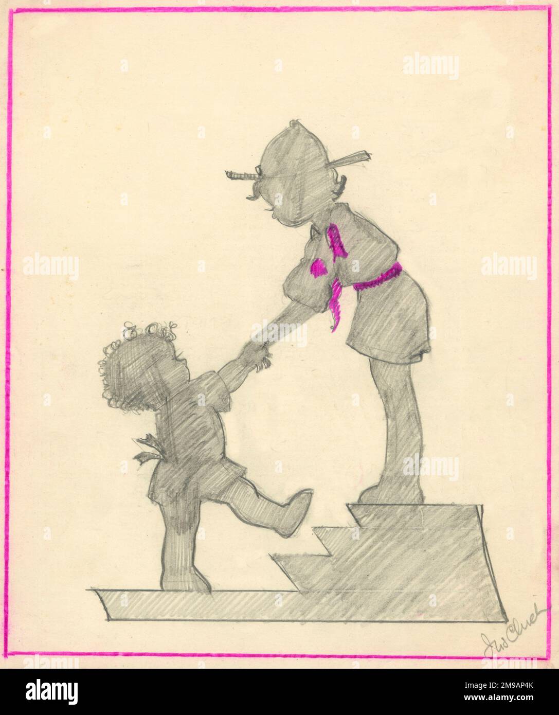 Original Artwork - A little boy scout helping a toddler up some steps. Stock Photo