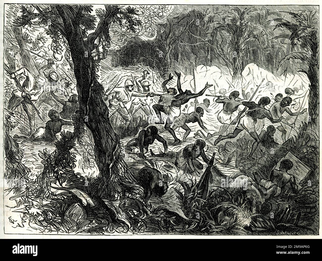 Fight at Abracrampa, Third Anglo-Ashanti War or First Ashanti Expedition (1873-1874, to rescue European missionary captives held in Kumasi), West Africa (Ghana). Stock Photo