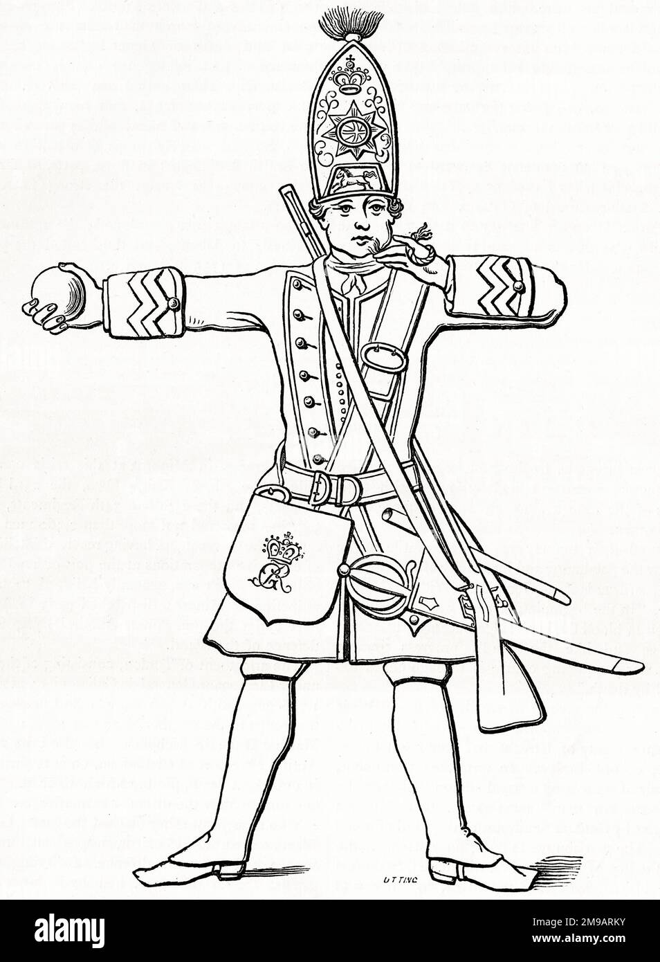 Grenadier of the Foot Guards with grenade and match alight, Battle of Prestonpans (or Battle of Gladsmuir), East Lothian, Scotland, 21 September 1745, during the Jacobite Rising. Stock Photo