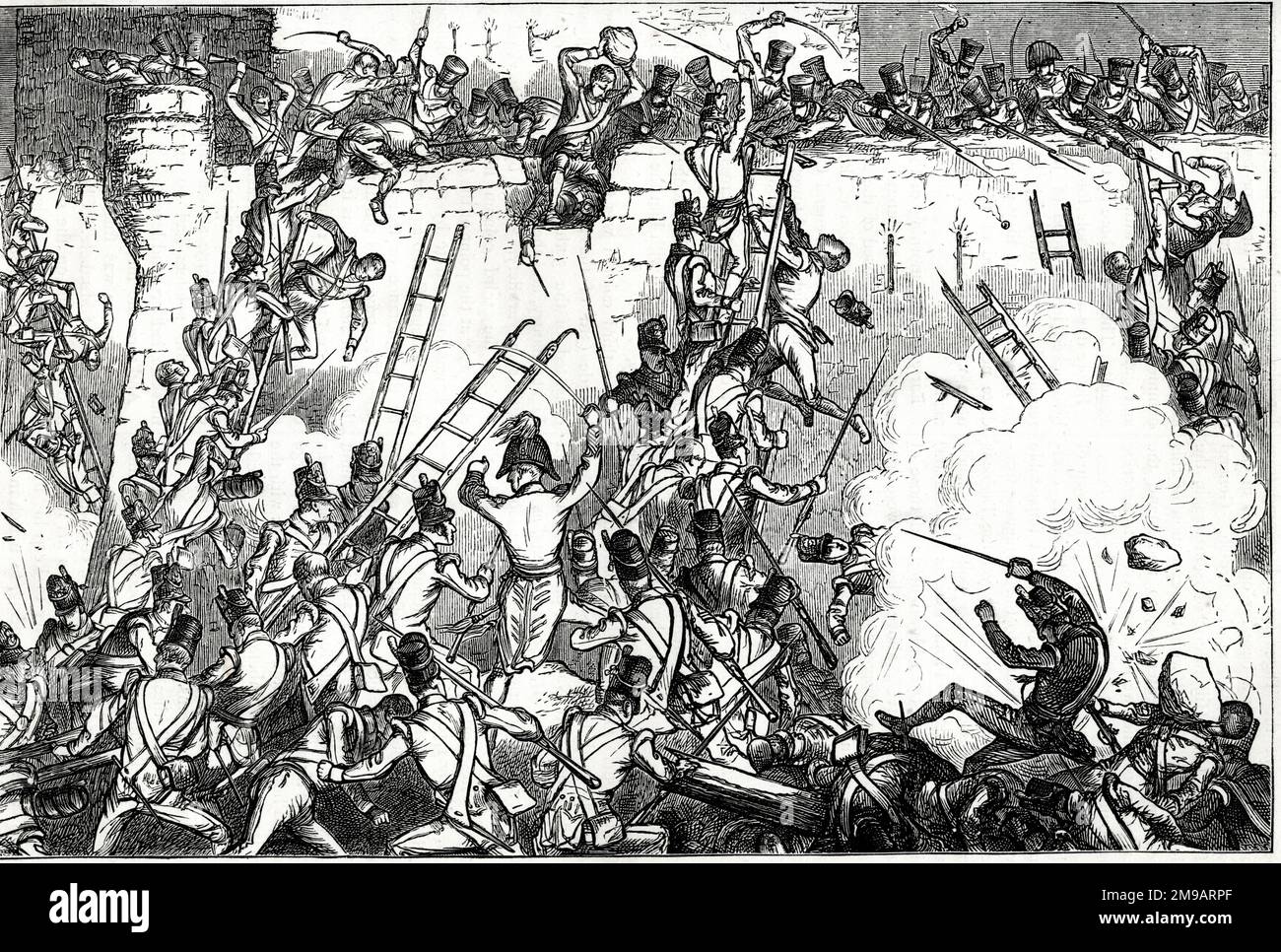 Storming of Badajoz towards the end of the Siege of Badajoz, Extremadura, Spain, 6 April 1812, by Wellington's Anglo-Portuguese forces against the French, part of the Peninsular War (1807-1814). Ladders were used to reach the top of the wall, and many lives were lost with attacks from above. Stock Photo