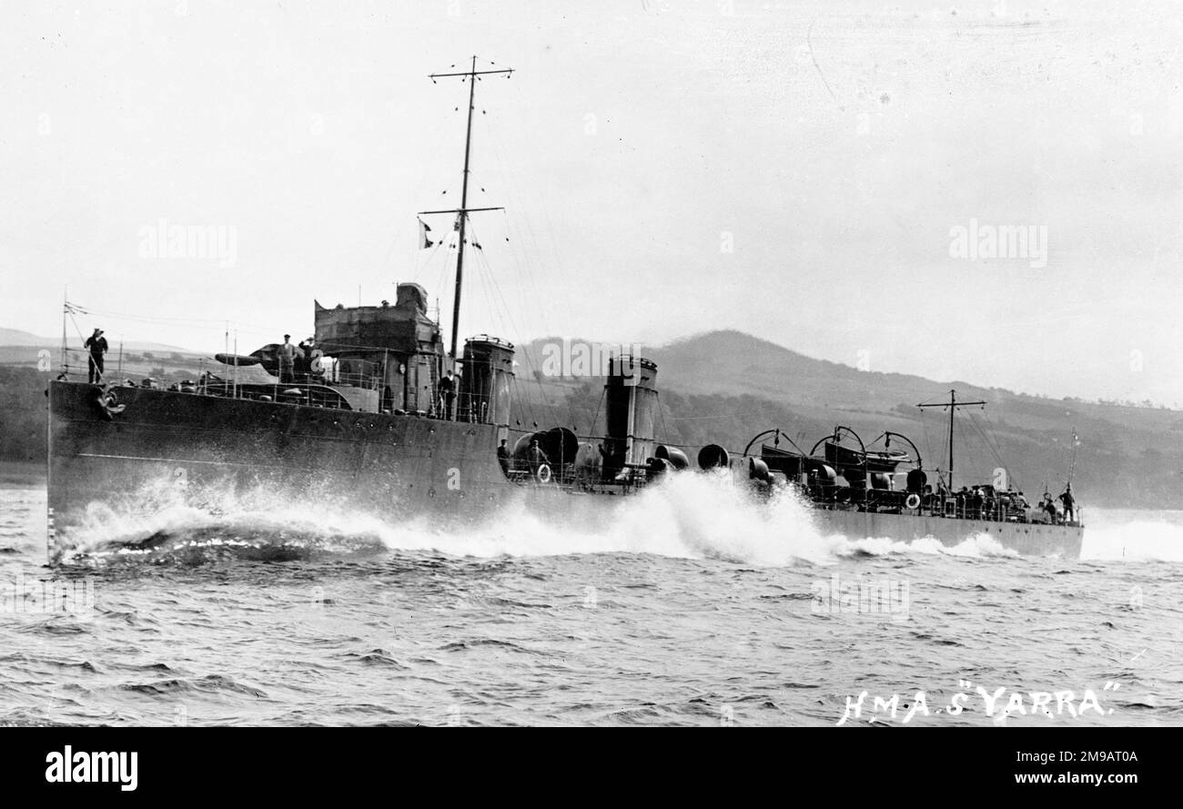 Royal Australian Navy - HMAS Yarra / HMS Yarra, a River-Class Torpedo Destroyer, making way at speed, on the River Clyde during manufacturers trials in 1910. 'Yarra' was built by William Denny & Bros., Dumbarton in 1910, to a 1909 order, for the Commonwealth Naval Forces (the predecessor of the RAN). 'Yarra' was temporarily commissioned into the Royal Navy on completion in 1910 and handed over to Australian control on arrival in Australia. From 1914 to 1917, 'Yarra' was involved in wartime patrols in the Pacific and South East Asian regions, before she and her sister ships were transferred t Stock Photo