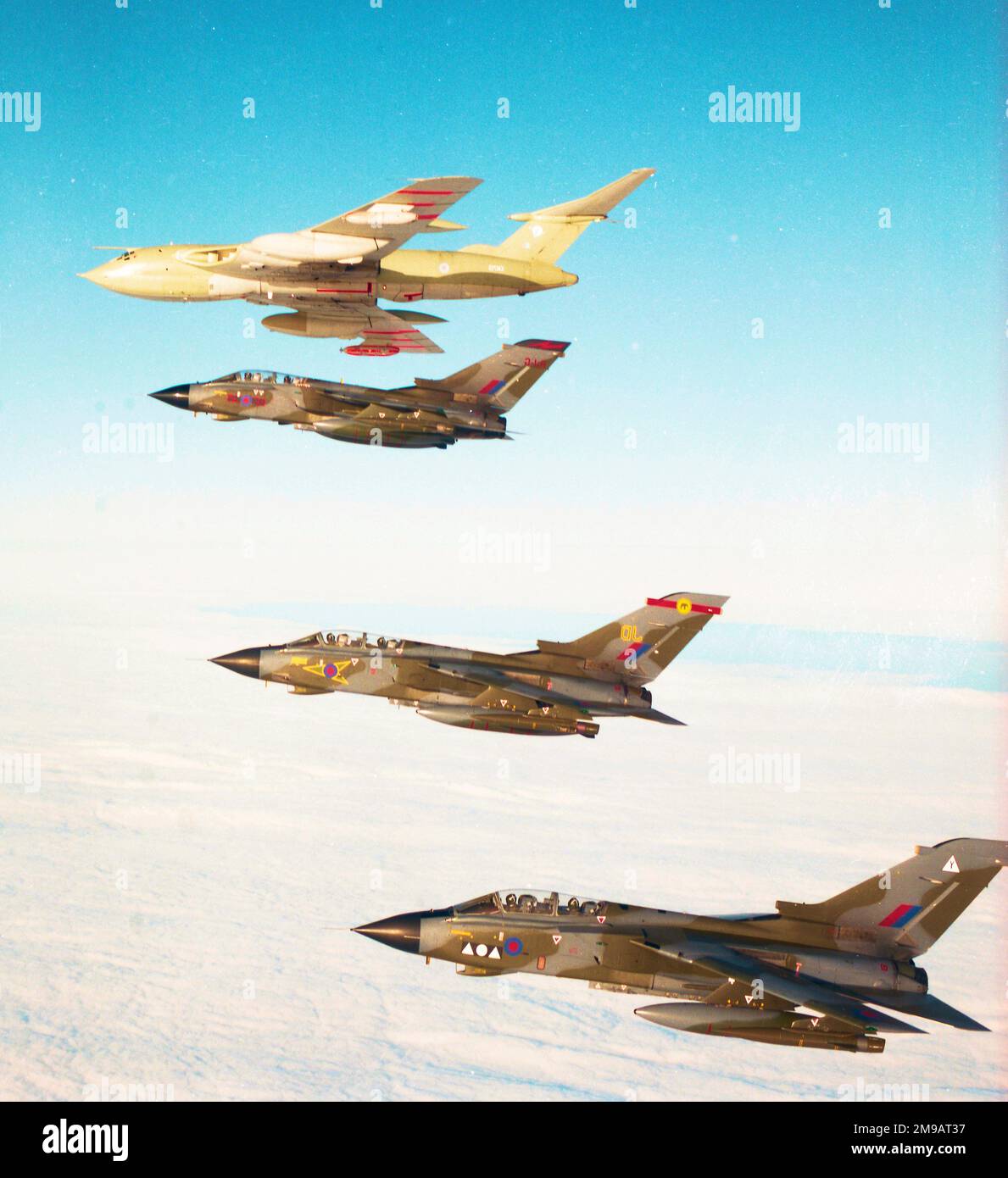 Royal Air Force - Handley Page Victor K.2 XM715 of No.55 Squadron, in formation with Panavia Tornado GR.1s, of No.617 Squadron, No.27 Squadron and No,2(AC) Squadron Stock Photo