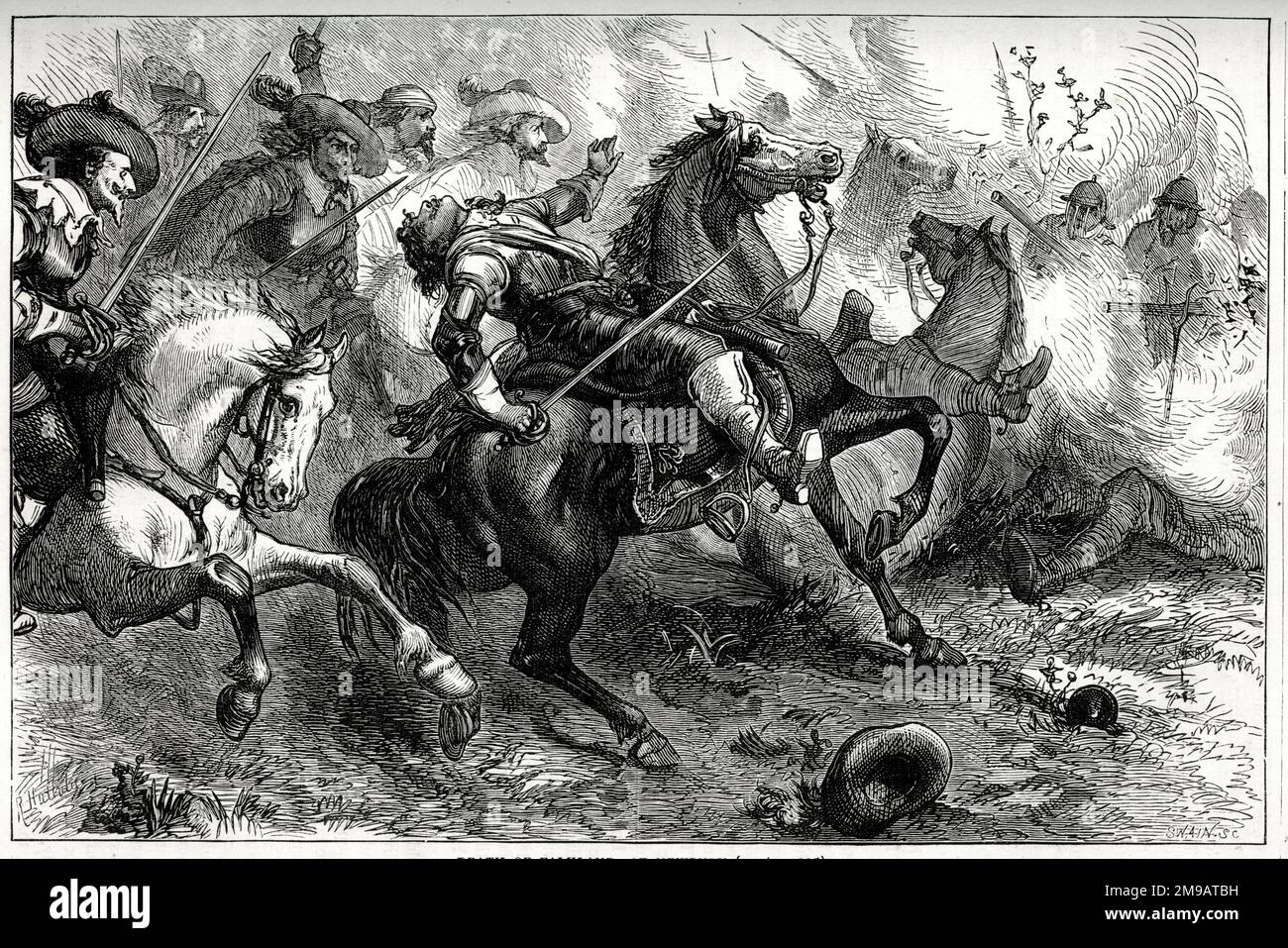 Death of Lucius Cary, 2nd Viscount Falkland, fighting on the Royalist side in the First Battle of Newbury, Berkshire, 20 September 1643, during the English Civil War (1642-1651). Stock Photo