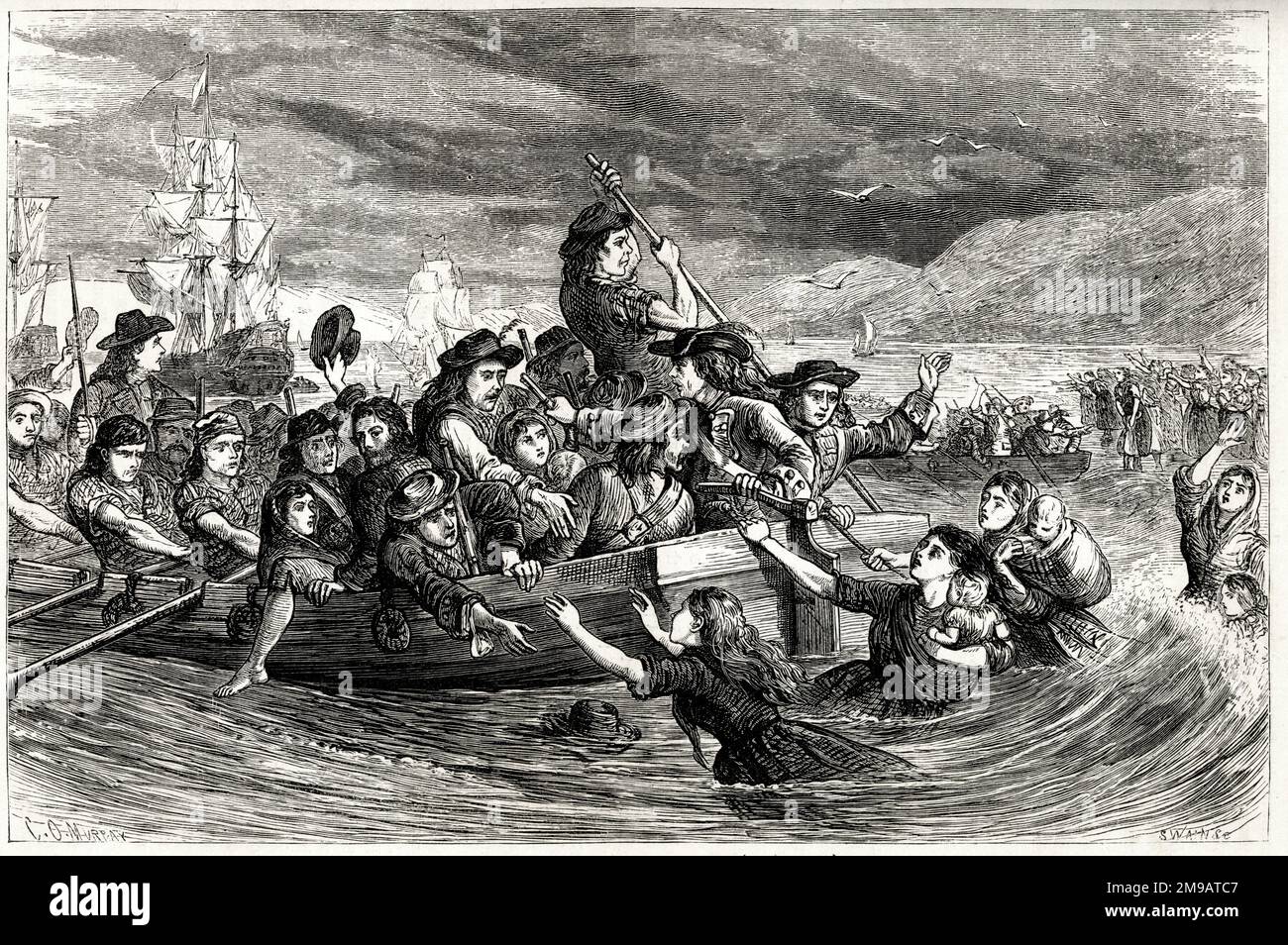 Irish Jacobite troops leaving Limerick for France, also known as the Flight of the Wild Geese, following the Treaty of Limerick, 3 October 1691. Women with children attempted to join them, resulting in some of them perishing in the water. Stock Photo