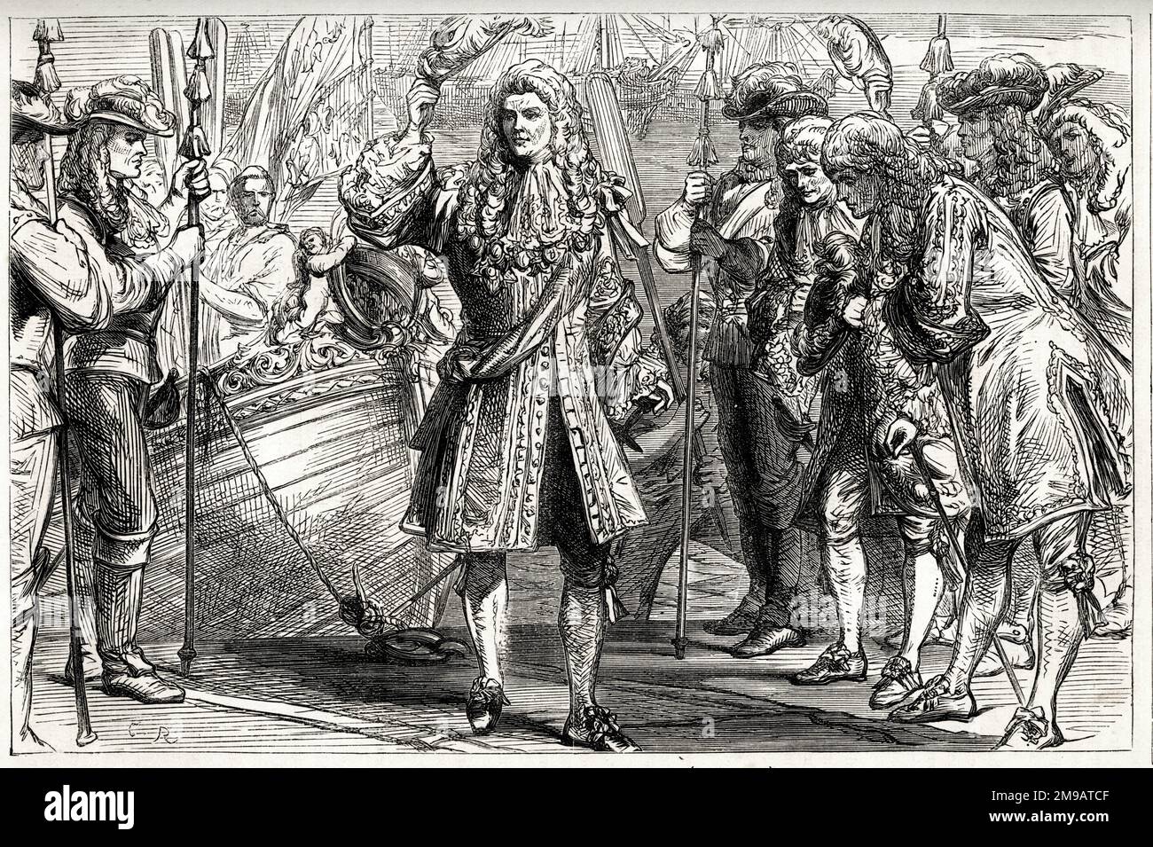 King James II landing at Kinsale, County Cork, Ireland, 12 March 1689. This marked the beginning of the Williamite War in Ireland (1689-1691), fought between Jacobite supporters of the deposed Roman Catholic King James II and followers of the Protestant King William III who replaced him. Stock Photo