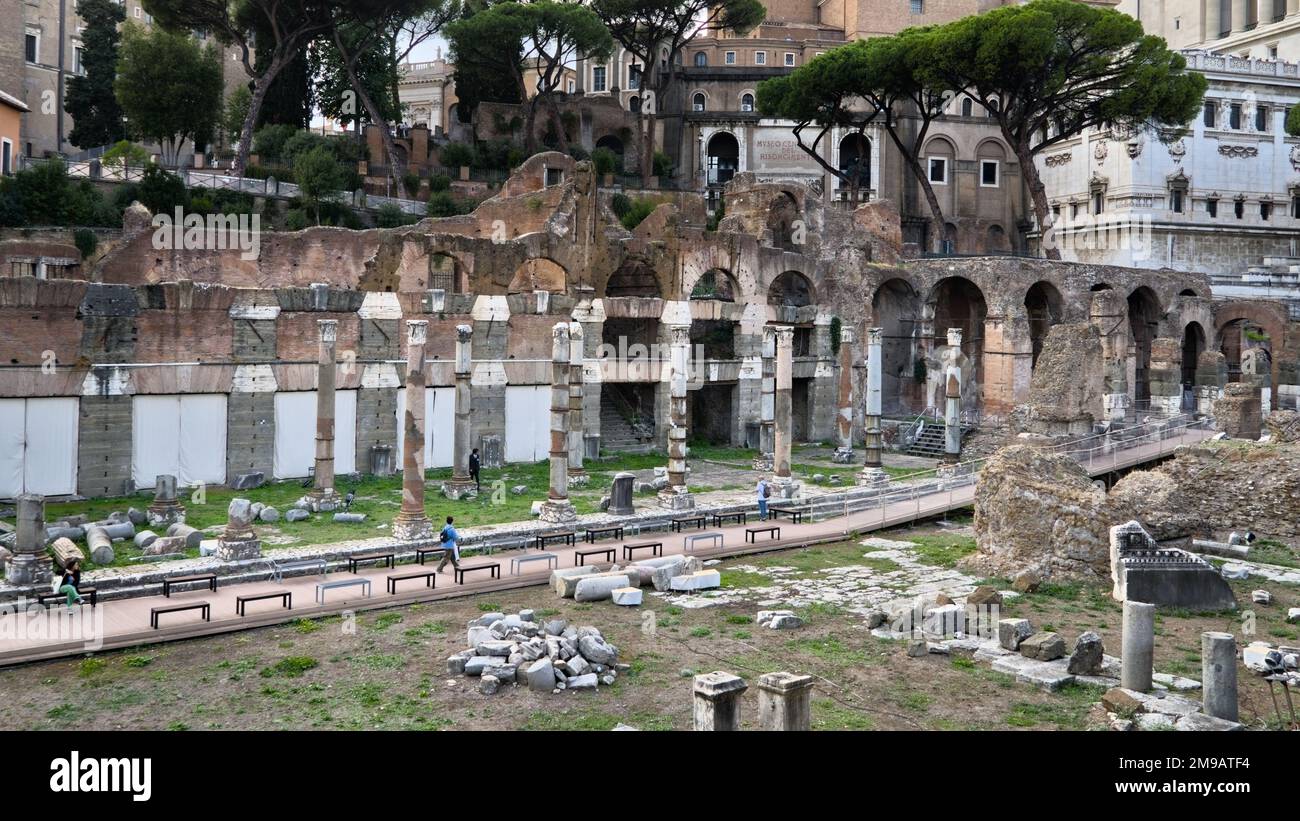 The ruined ancient Rome city with a path for visitors. Stock Photo