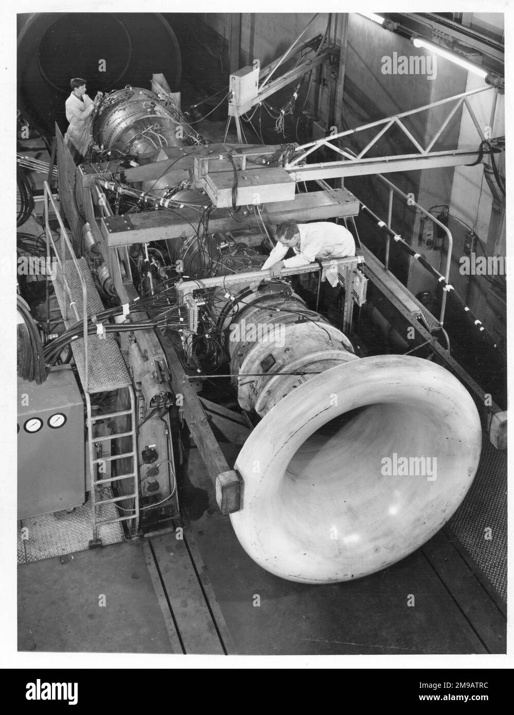 Rolls-Royce Spey turbofan engine in a test cell fitted with an experimental afterburner, on 1 April 1963. Stock Photo