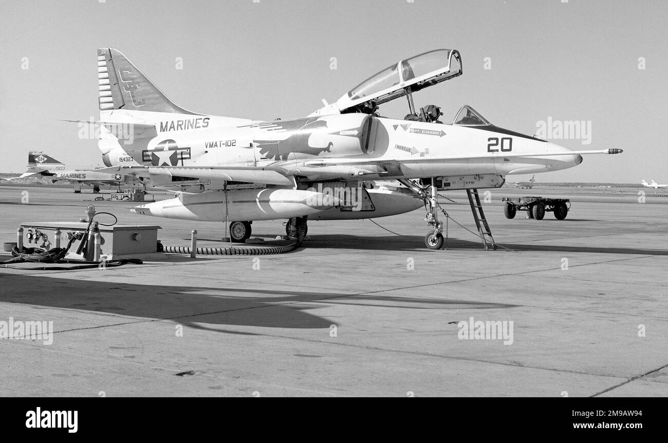 United States Marine Corps - Douglas TA-4J Skyhawk 154323 (msn 13711, base code SC, call-sign '20'), of VMAT-102, at Marine Corps Air Station Yuma, in January 1976. Stock Photo