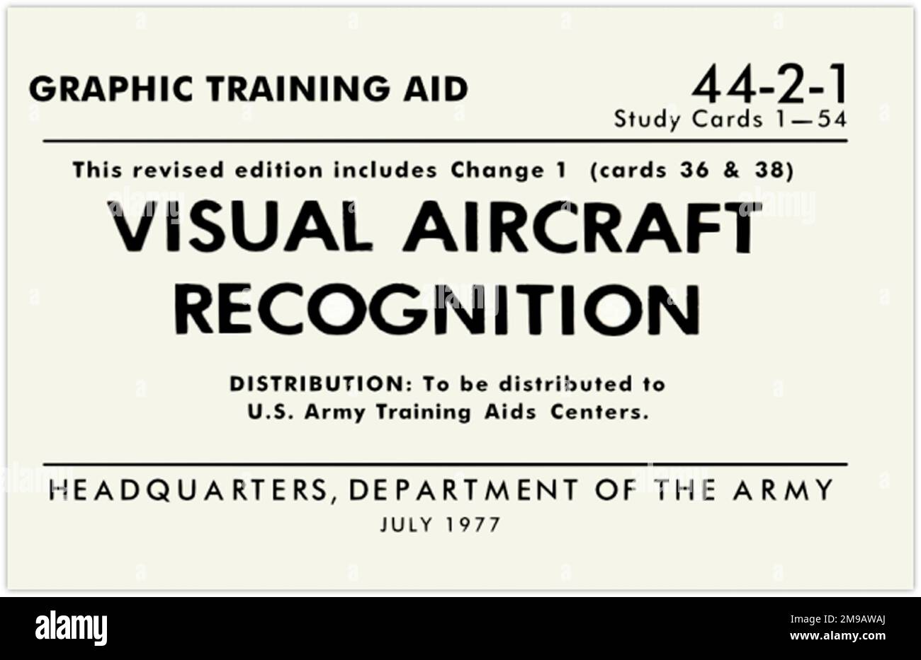 GTA 44-2-1 Cover plate. This is one of the series of Graphics Training Aids (GTA) used by the United States Army to train their personnel to recognize friendly and hostile aircraft. This particular set, GTA 44-2-1, was issued in July1977. The set features aircraft from: Canada, Italy, United Kingdom, United States, and the USSR. Stock Photo