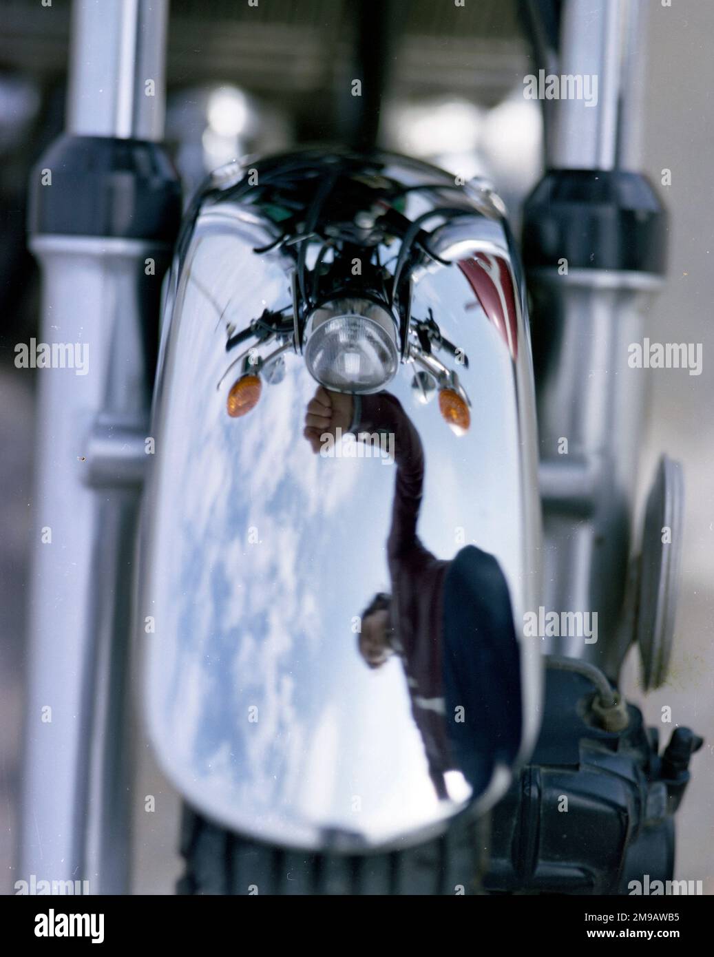Kawasaki Z 650 motorbike, reflection in the front mudguard. Stock Photo