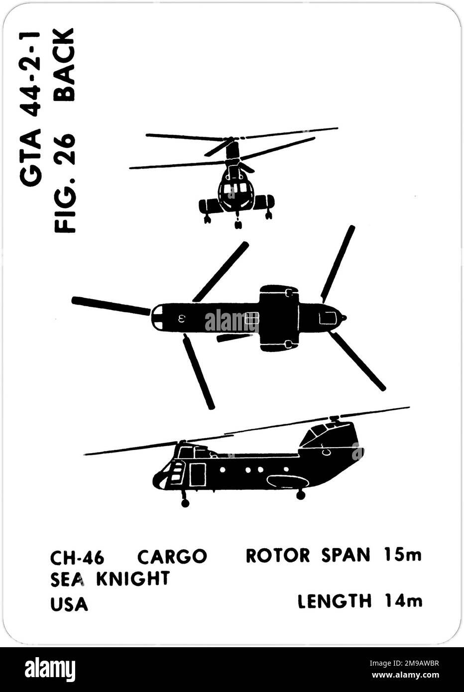 Boeing-Vertol CH-46 Sea Knight. This is one of the series of Graphics Training Aids (GTA) used by the United States Army to train their personnel to recognize friendly and hostile aircraft. This particular set, GTA 44-2-1, was issued in July1977. The set features aircraft from: Canada, Italy, United Kingdom, United States, and the USSR. Stock Photo