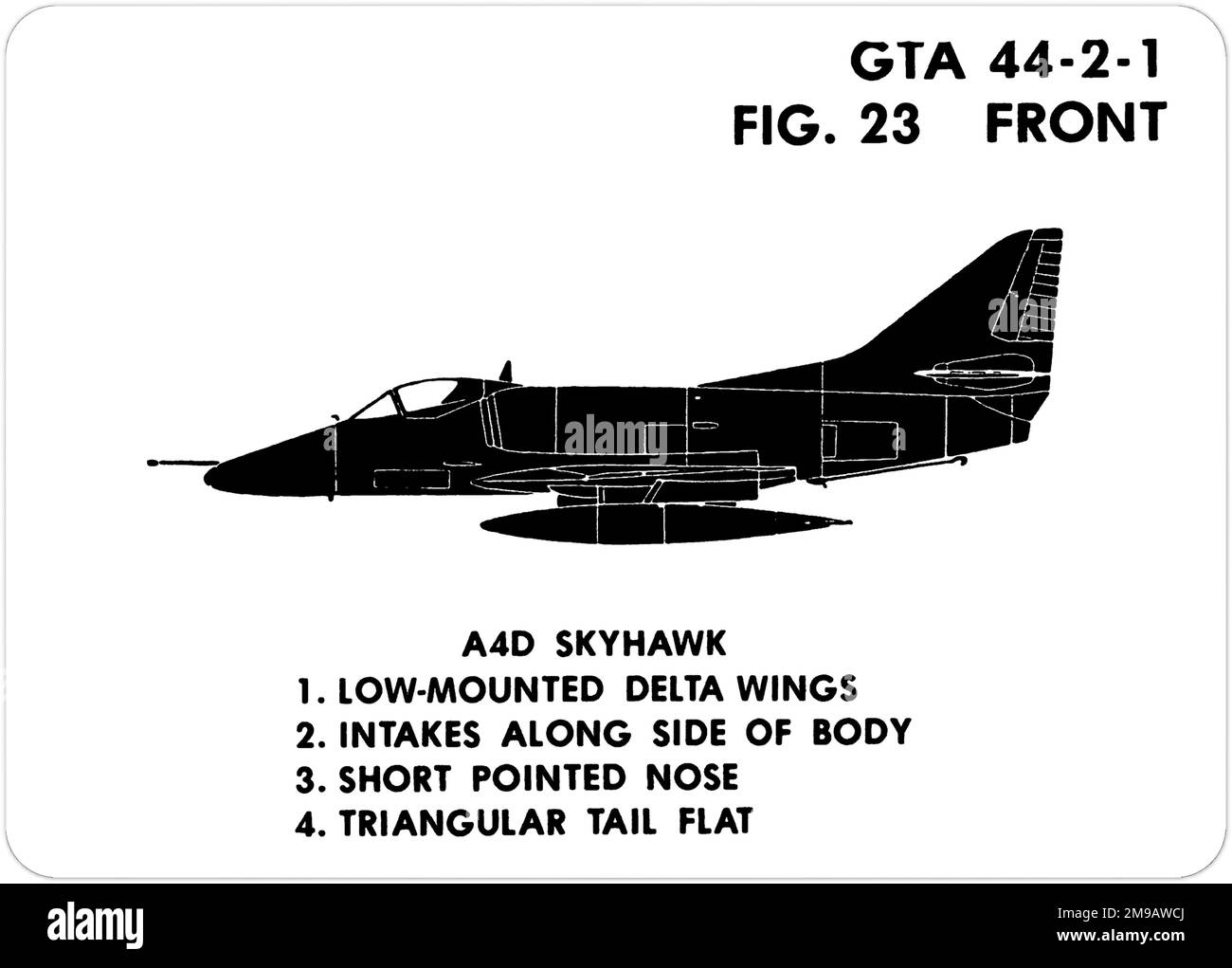 Douglas A-4E Skyhawk. This is one of the series of Graphics Training Aids (GTA) used by the United States Army to train their personnel to recognize friendly and hostile aircraft. This particular set, GTA 44-2-1, was issued in July1977. The set features aircraft from: Canada, Italy, United Kingdom, United States, and the USSR. Stock Photo