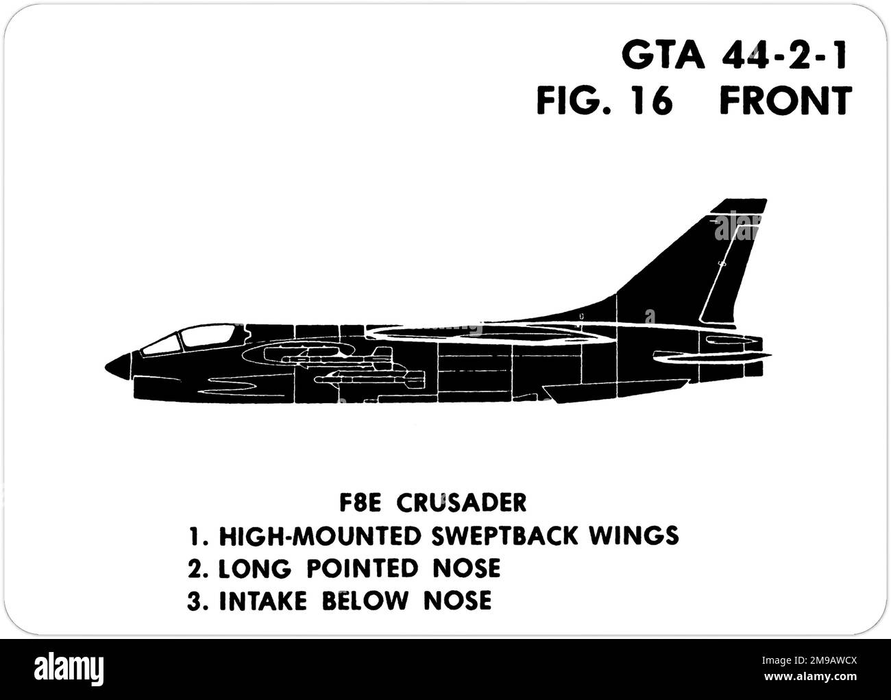 Vought F-8E Crusader (F8U-2 pre 1962). This is one of the series of Graphics Training Aids (GTA) used by the United States Army to train their personnel to recognize friendly and hostile aircraft. This particular set, GTA 44-2-1, was issued in July1977. The set features aircraft from: Canada, Italy, United Kingdom, United States, and the USSR. Stock Photo