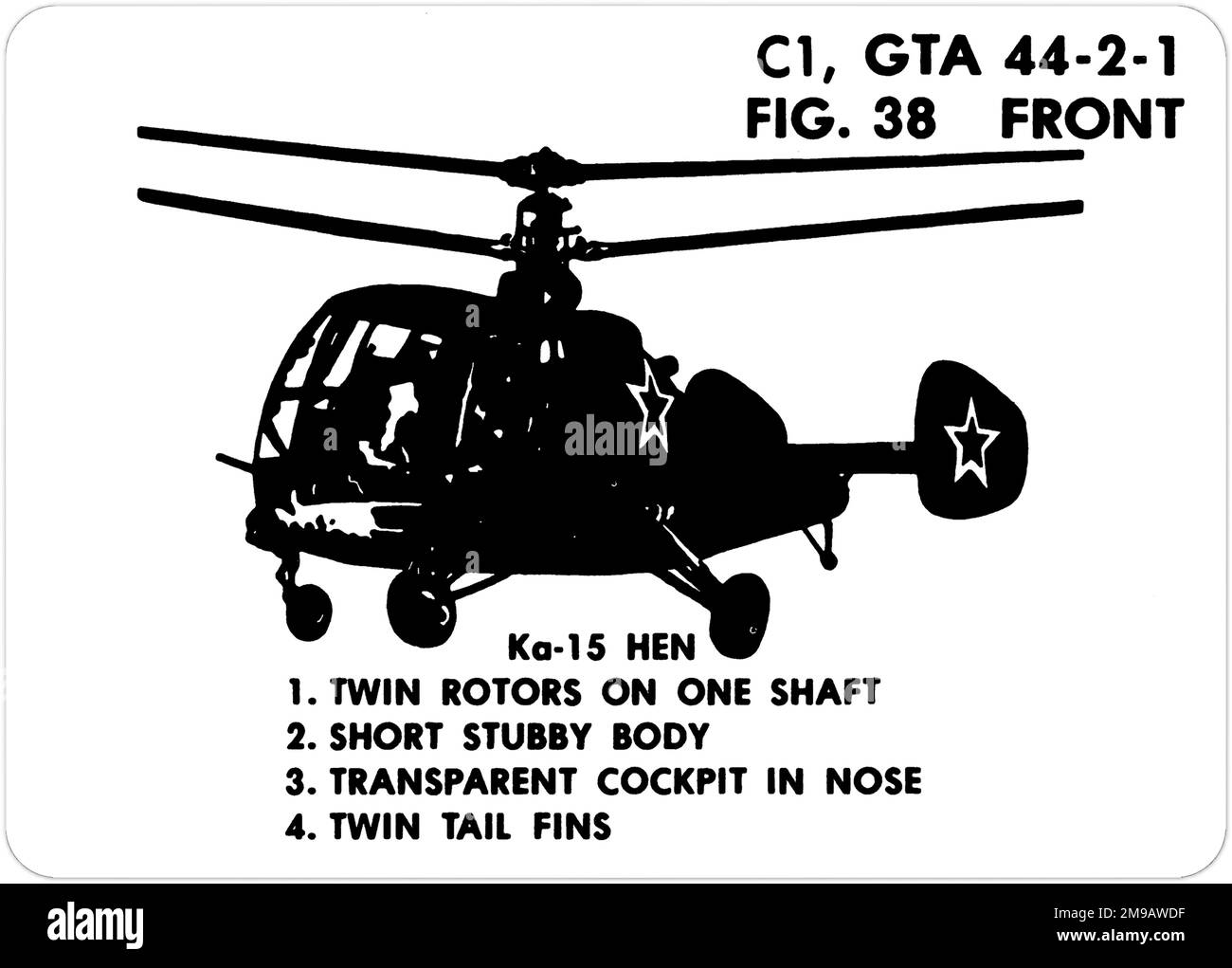 Kamov Ka-15 (NATO codename: Hen). This is one of the series of Graphics Training Aids (GTA) used by the United States Army to train their personnel to recognize friendly and hostile aircraft. This particular set, GTA 44-2-1, was issued in July1977. The set features aircraft from: Canada, Italy, United Kingdom, United States, and the USSR. Stock Photo